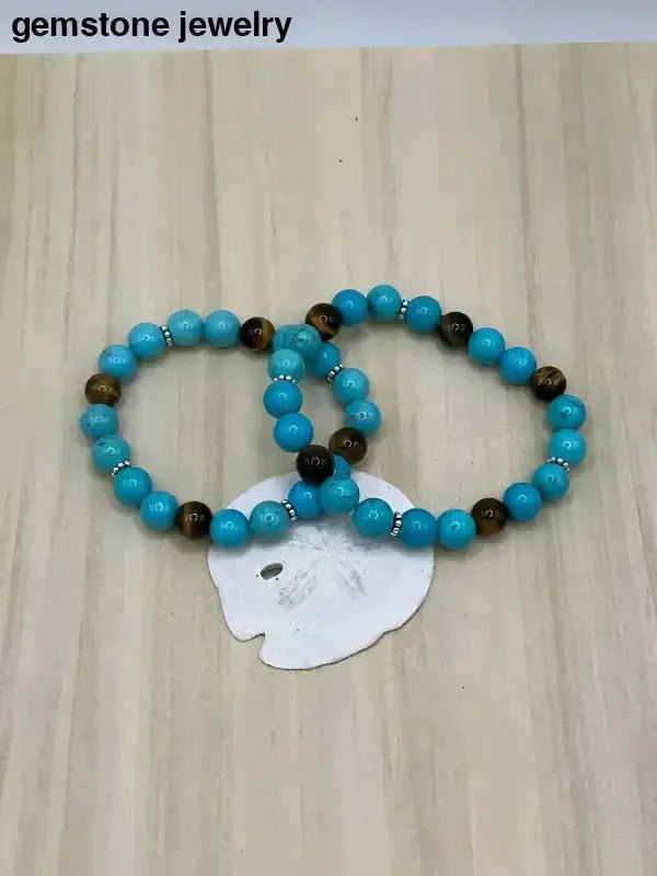 Turquoise Stretch Bracelet with Tiger’s Eye Beads - Bec Sue Jewelry Shop