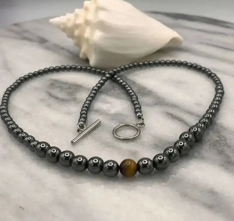Unique Handmade Mens Hematite and Tiger's Eye Necklace - Bec Sue Jewelry Shop