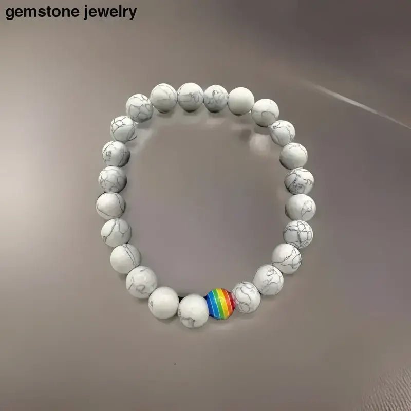 White Howlite Gemstone Stretch Bracelet with Rainbow Bead - Bec Sue Jewelry Shop