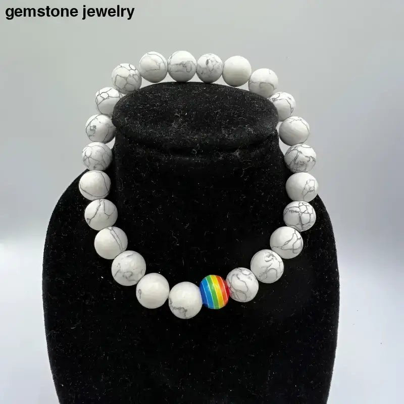 White Howlite Gemstone Stretch Bracelet with Rainbow Bead - Bec Sue Jewelry Shop