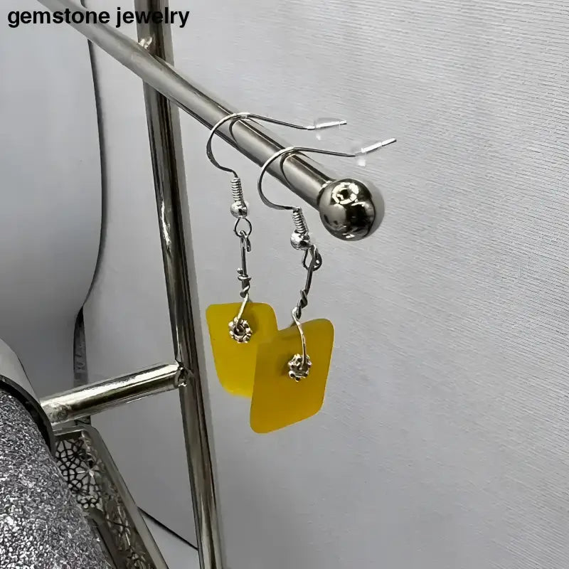 Yellow Dangling Glass Earrings with Elegant Gemstone Accent - Bec Sue Jewelry Shop