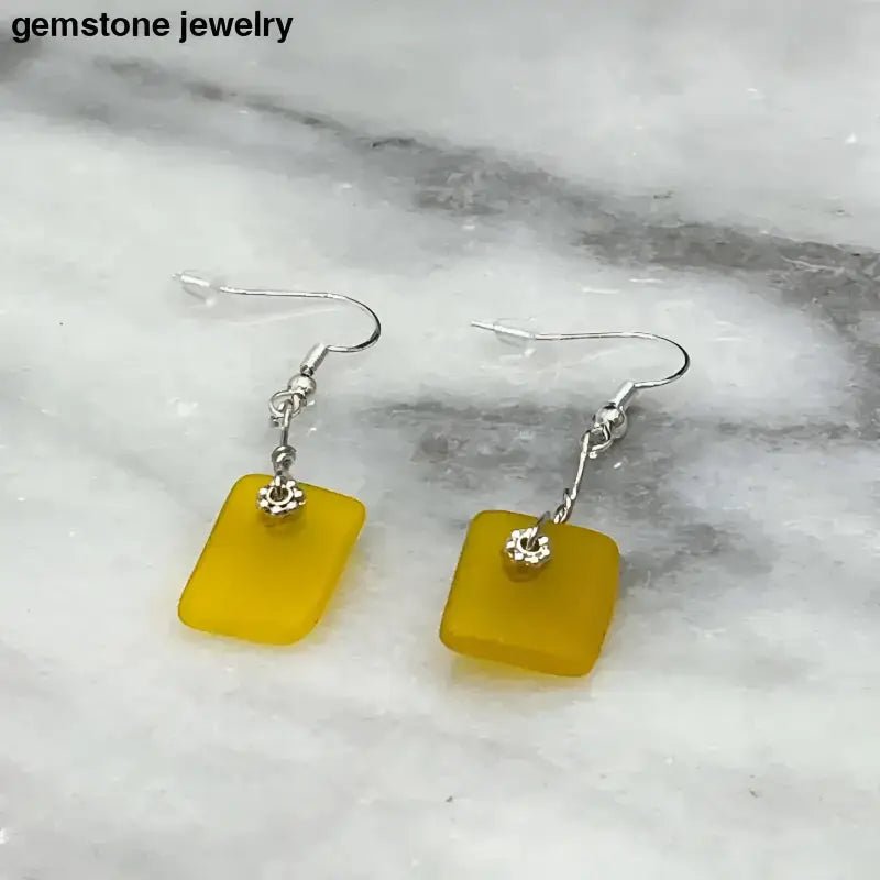 Yellow Dangling Glass Earrings with Elegant Gemstone Accent - Bec Sue Jewelry Shop