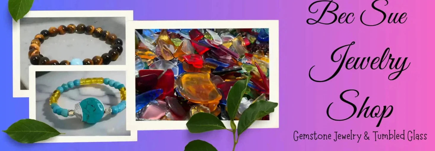 An advertisement for a jewelry shop featuring bracelets and tumbled glass.