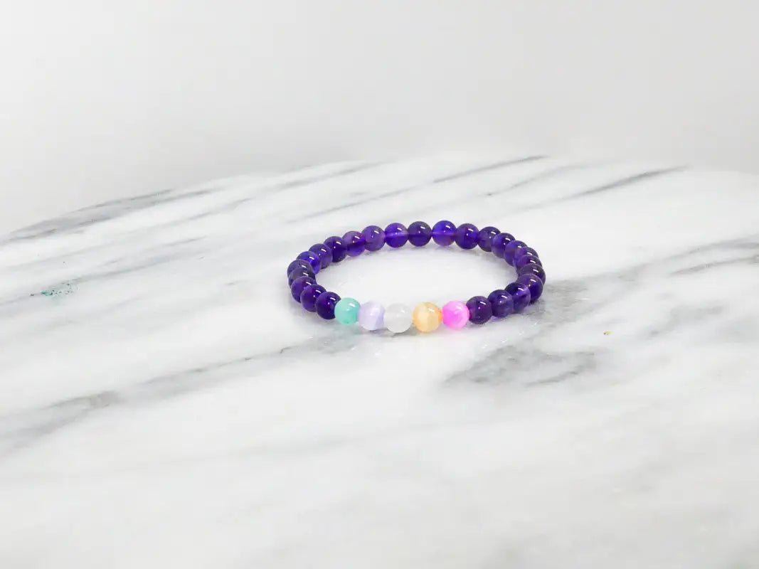 Amethyst and Selenite Bracelet with Rainbow Accents for Protective Energy - Bec Sue Jewelry Shop