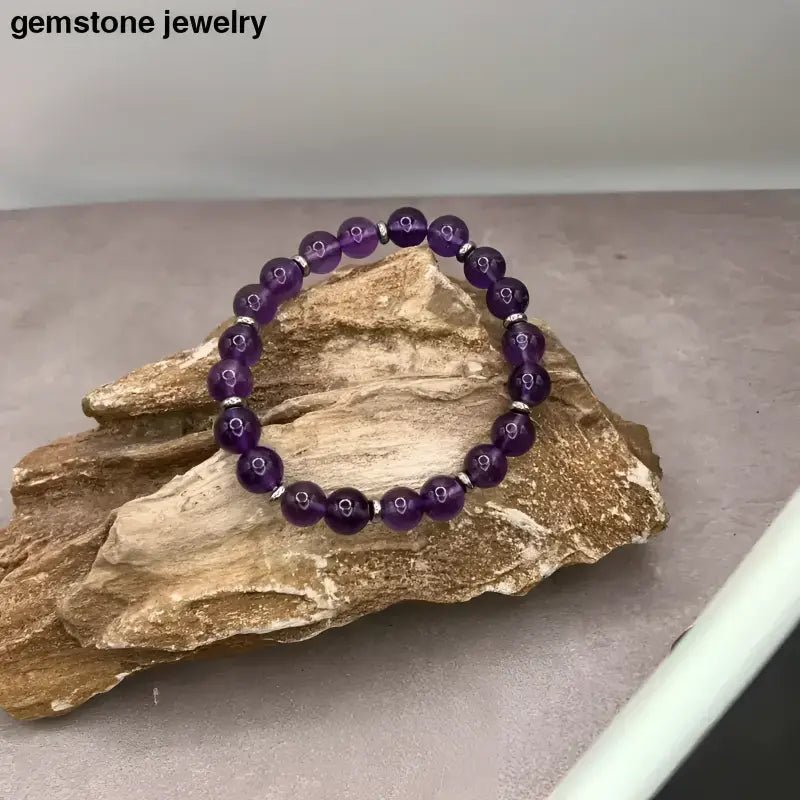 Amethyst Beaded Bracelet with 8mm Beads and Sterling Silver Spacers - Bec Sue Jewelry Shop