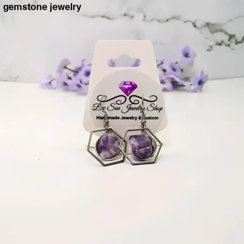 Amethyst Silver Dangling Hexagonal Earrings with Purple Stones - Bec Sue Jewelry Shop