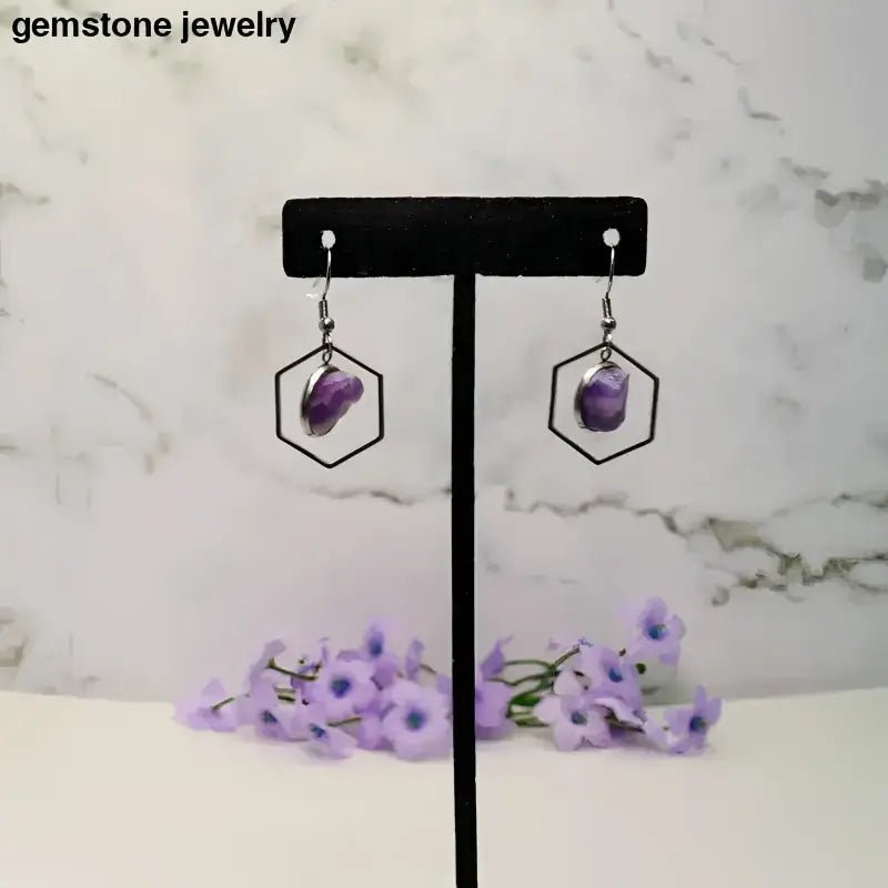 Amethyst Silver Dangling Hexagonal Earrings with Purple Stones - Bec Sue Jewelry Shop