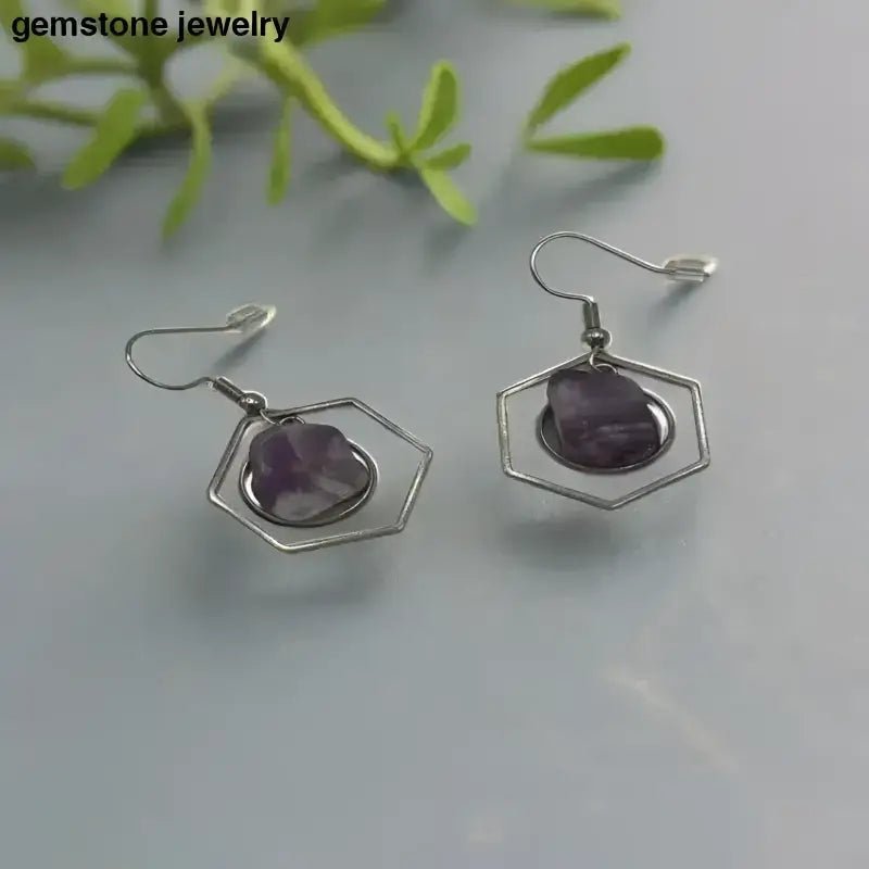 Amethyst Silver Dangling Hexagonal Earrings with Purple Stones - Bec Sue Jewelry Shop