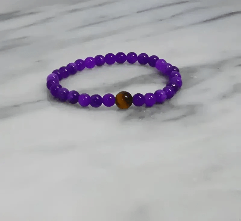 Amethyst Stretch Bracelet with Purple Beads and a Brown Accent Bead - Bec Sue Jewelry Shop