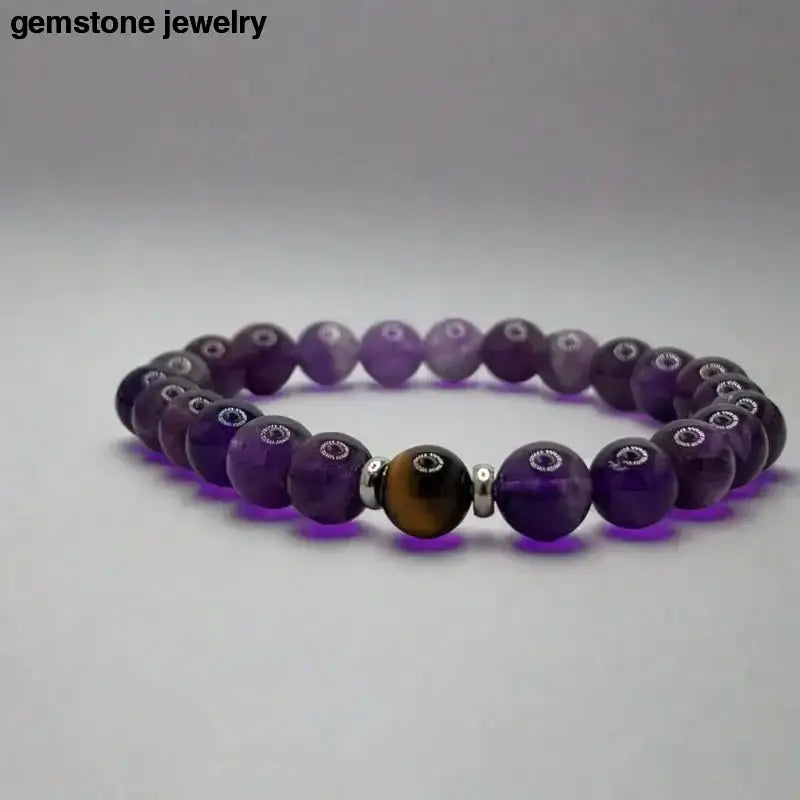 Amethyst Stretch Bracelet with Tiger's Eye and Sterling Silver Spacers - Bec Sue Jewelry Shop