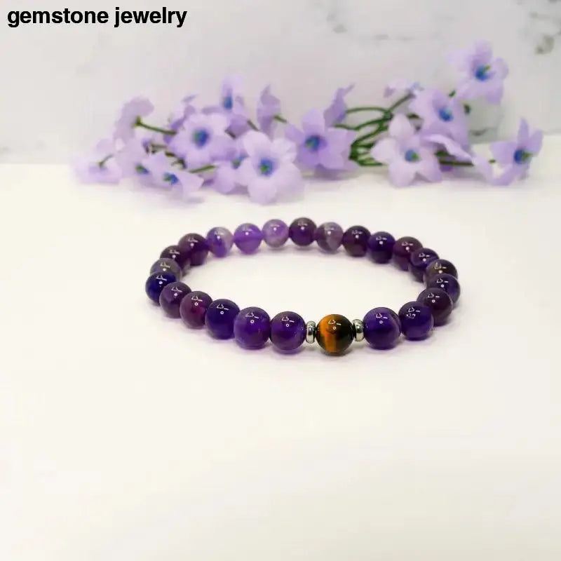Amethyst Stretch Bracelet with Tiger's Eye and Sterling Silver Spacers - Bec Sue Jewelry Shop