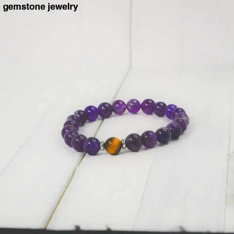 Amethyst Stretch Bracelet with Tiger's Eye and Sterling Silver Spacers - Bec Sue Jewelry Shop