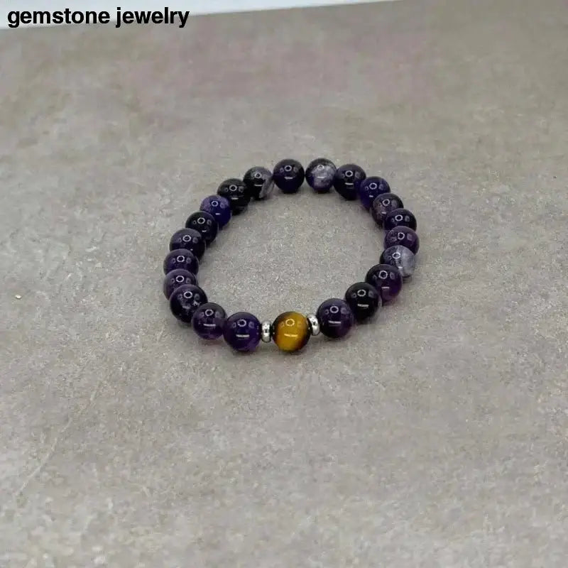 Amethyst Stretch Bracelet with Tiger's Eye and Sterling Silver Spacers - Bec Sue Jewelry Shop