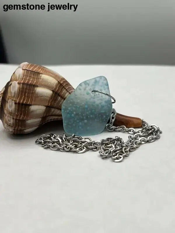 Aquamarine Glass Pendant Necklace on Sterling Silver Chain - Bec Sue Jewelry Shop