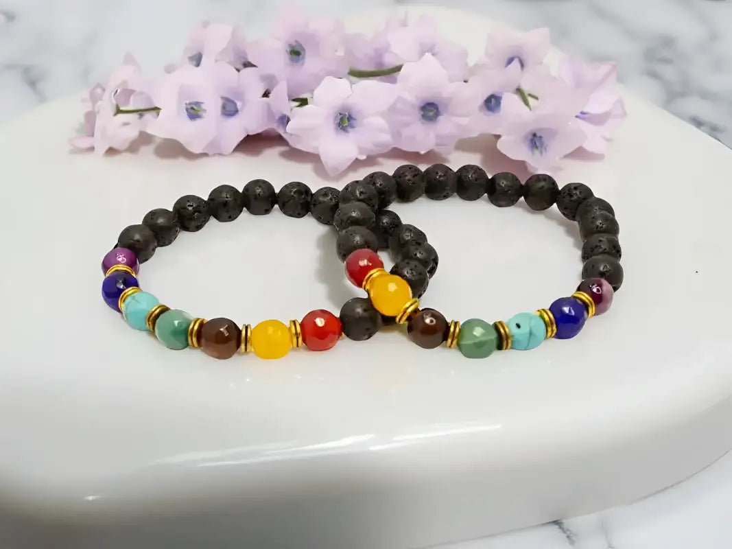 Beaded Chakra Bracelets with Black Lava Stone and Essential Oils for aromatherapy