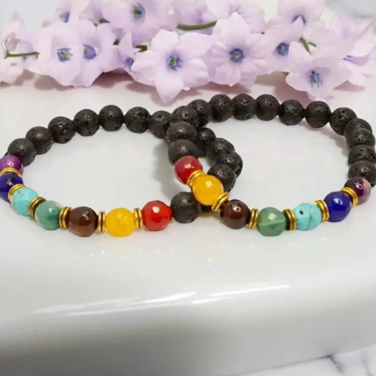 Beaded Chakra Bracelets with Black Lava Stone and Essential Oils for aromatherapy