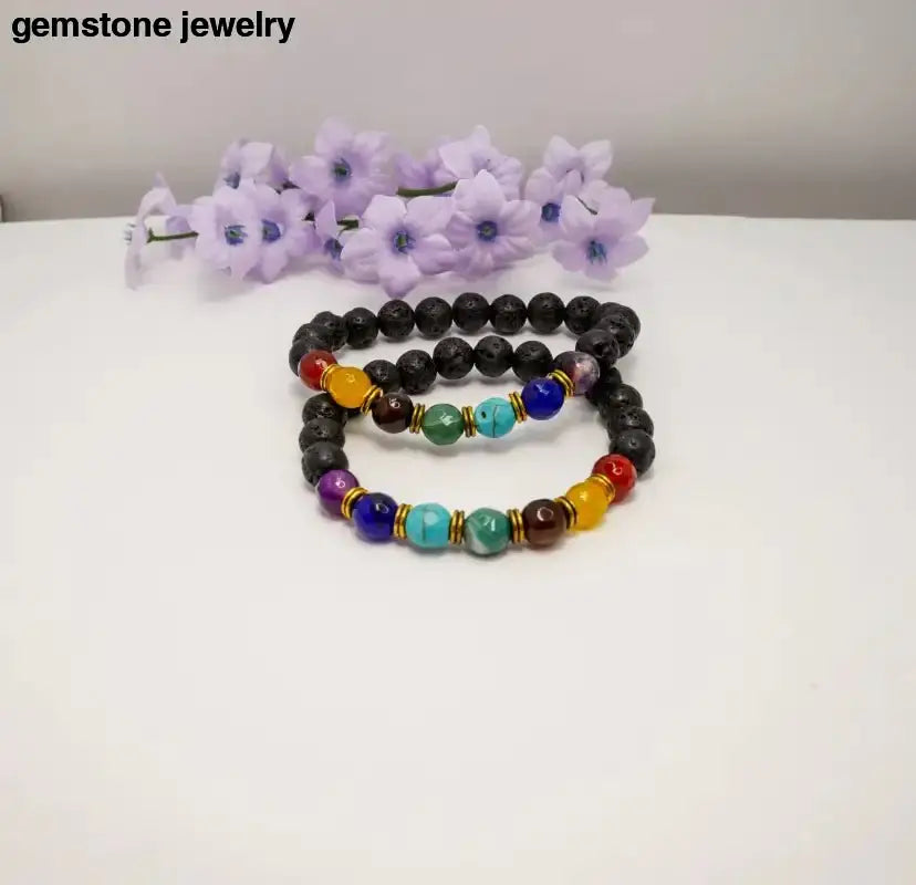 Beaded Chakra Bracelets with Black Lava and Essential Oils - Bec Sue Jewelry Shop