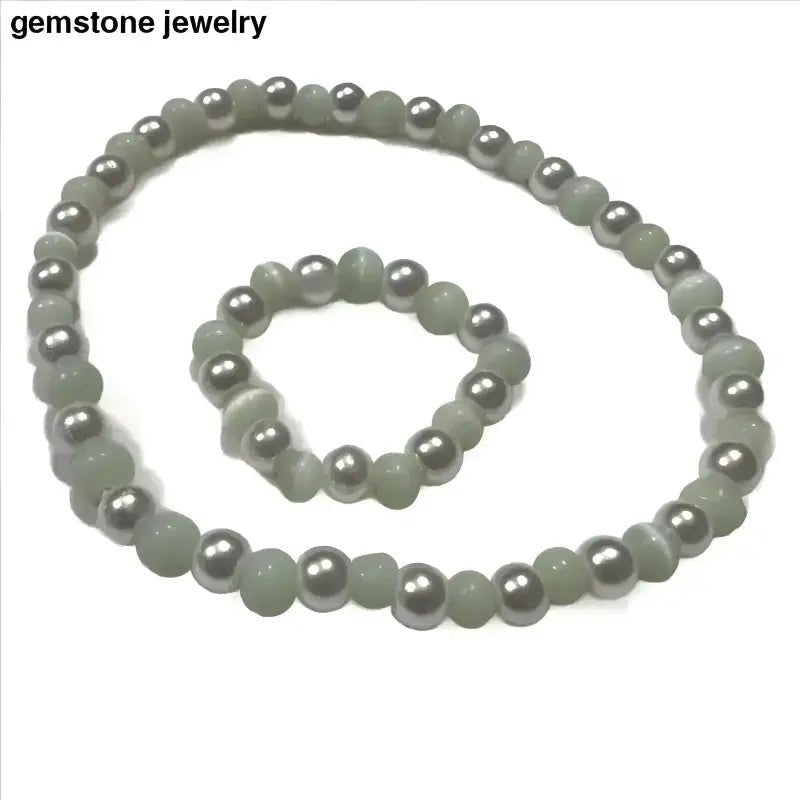 Beaded Necklace and Bracelet Set with Cats Eye and Pearl Beads - Bec Sue Jewelry Shop