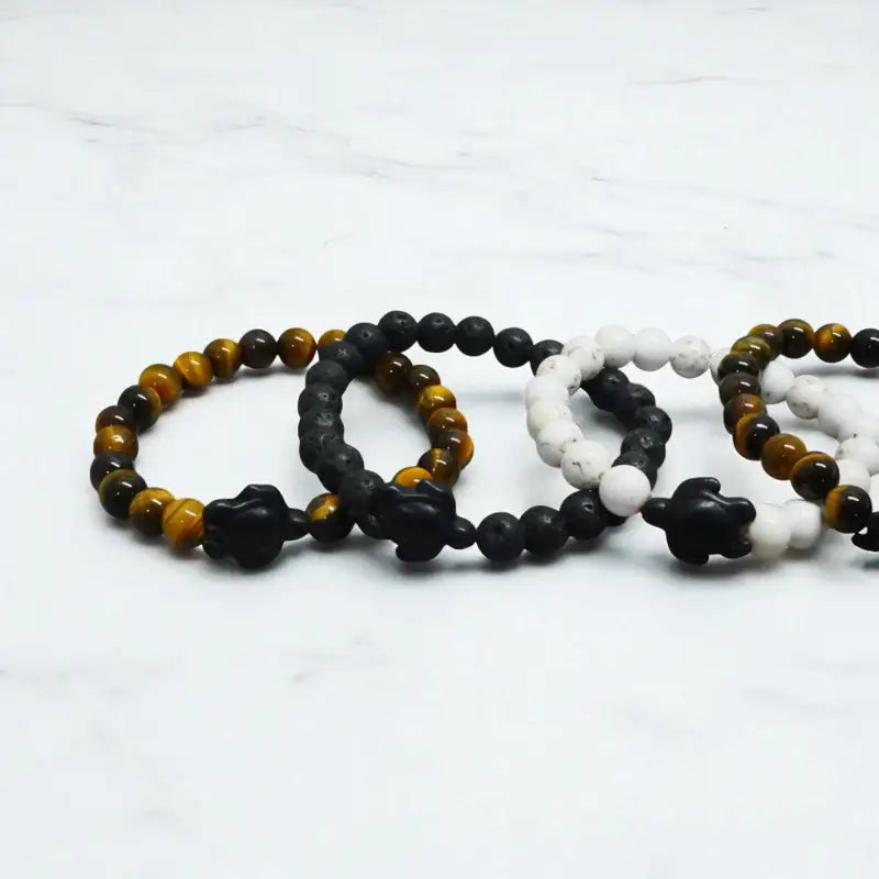 Beaded turtle bracelets with tiger eye beads and turtle charms for unique turtle jewelry