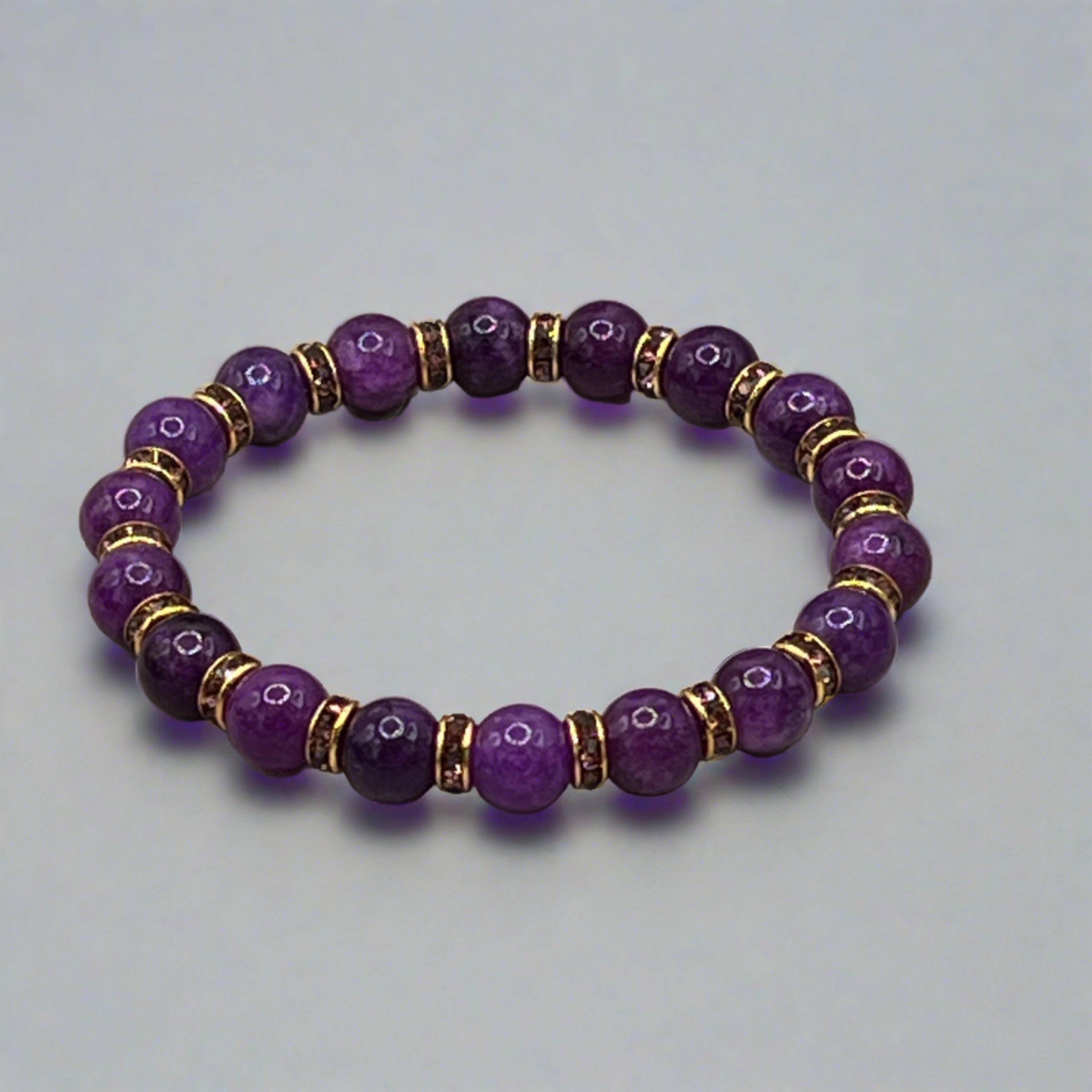 Bec Sue Jewelry Shop 6.5/ 7 / purple/ gold spacers / amethyst and purple gold rhinestones Luxe Amethyst & Gold Rhinestone Stretch Bracelet - Serenity in Sparkle, Elegant Purple Amethyst Bracelet with Gold Rhinestone Accents Tags 656