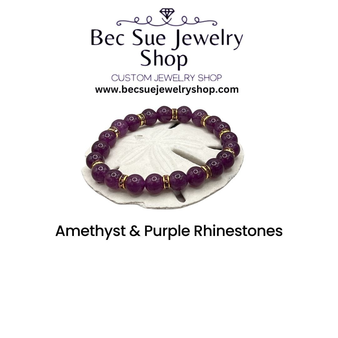 Bec Sue Jewelry Shop amethyst Bracelet 6.5 / purple/gold / amethyst Stunning Amethyst 8mm Rhinestone Stretch Bracelet - Handcrafted & Unique Tags 666