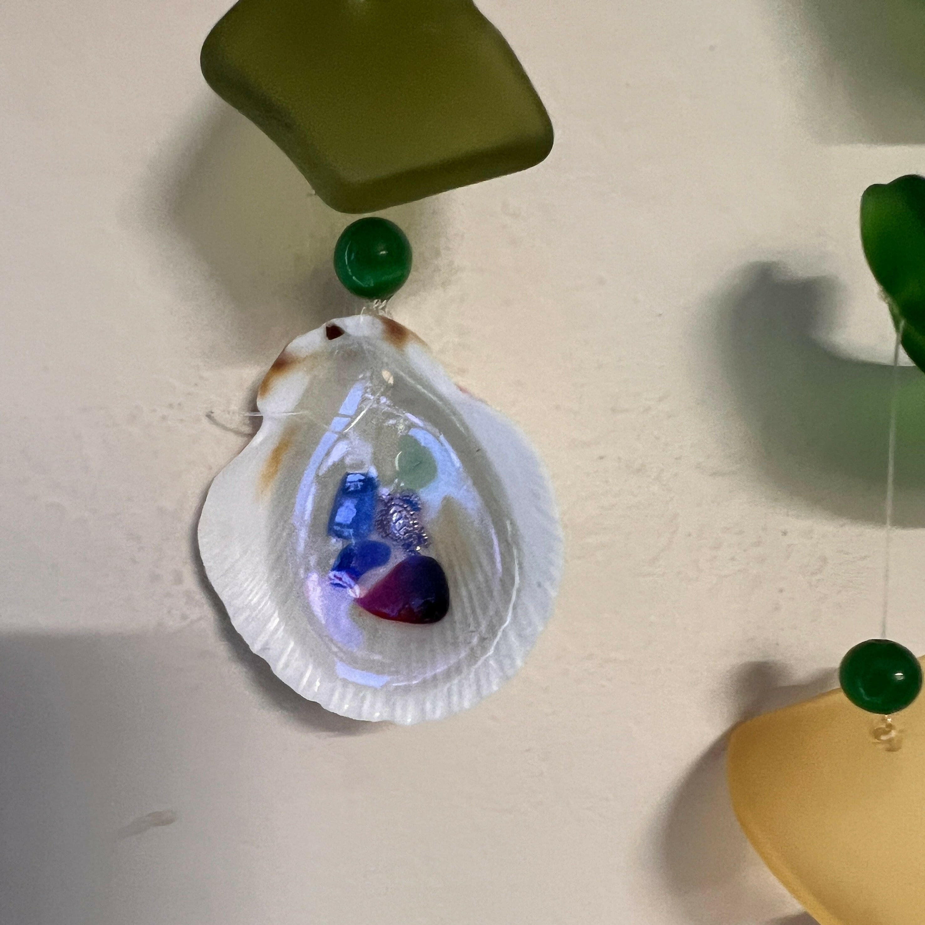 Bec Sue Jewelry Shop art glass multi colors / driftwood/color glass/ sea shells / small/medium/large Sun Catcher, wind chime, Sun Catcher Glass Wind Chime Tags 232- wind chime - colored glass