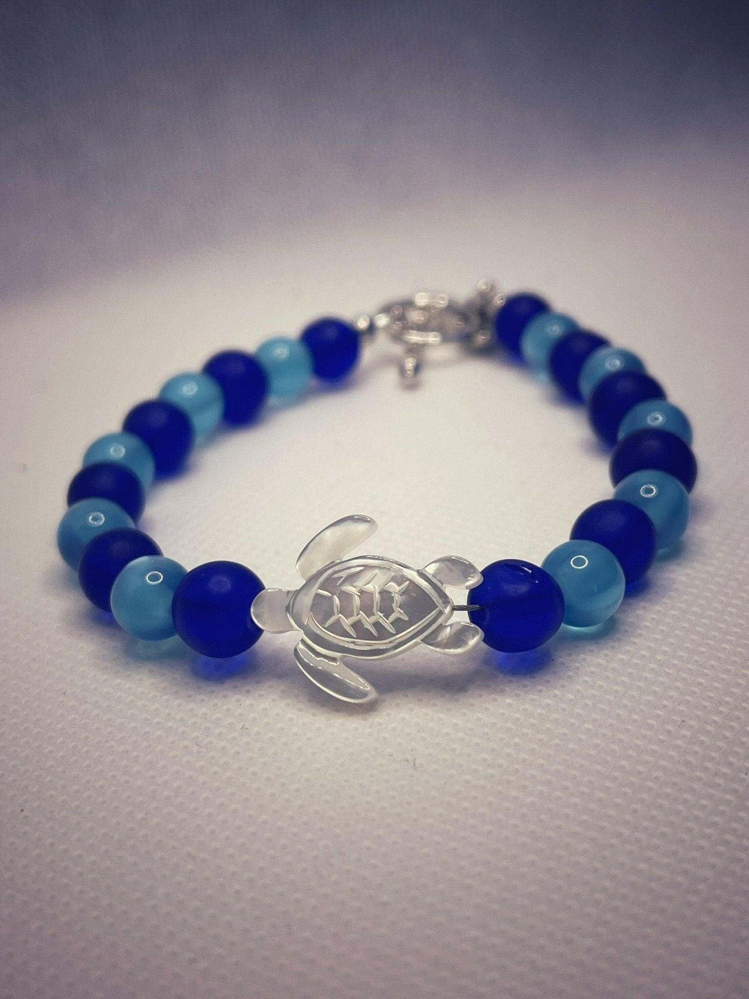 Bec Sue Jewelry Shop bracelet 6.5 / blue / cats eye blue/ pearl turtle Sea Turtle Charm Beads Tags 205