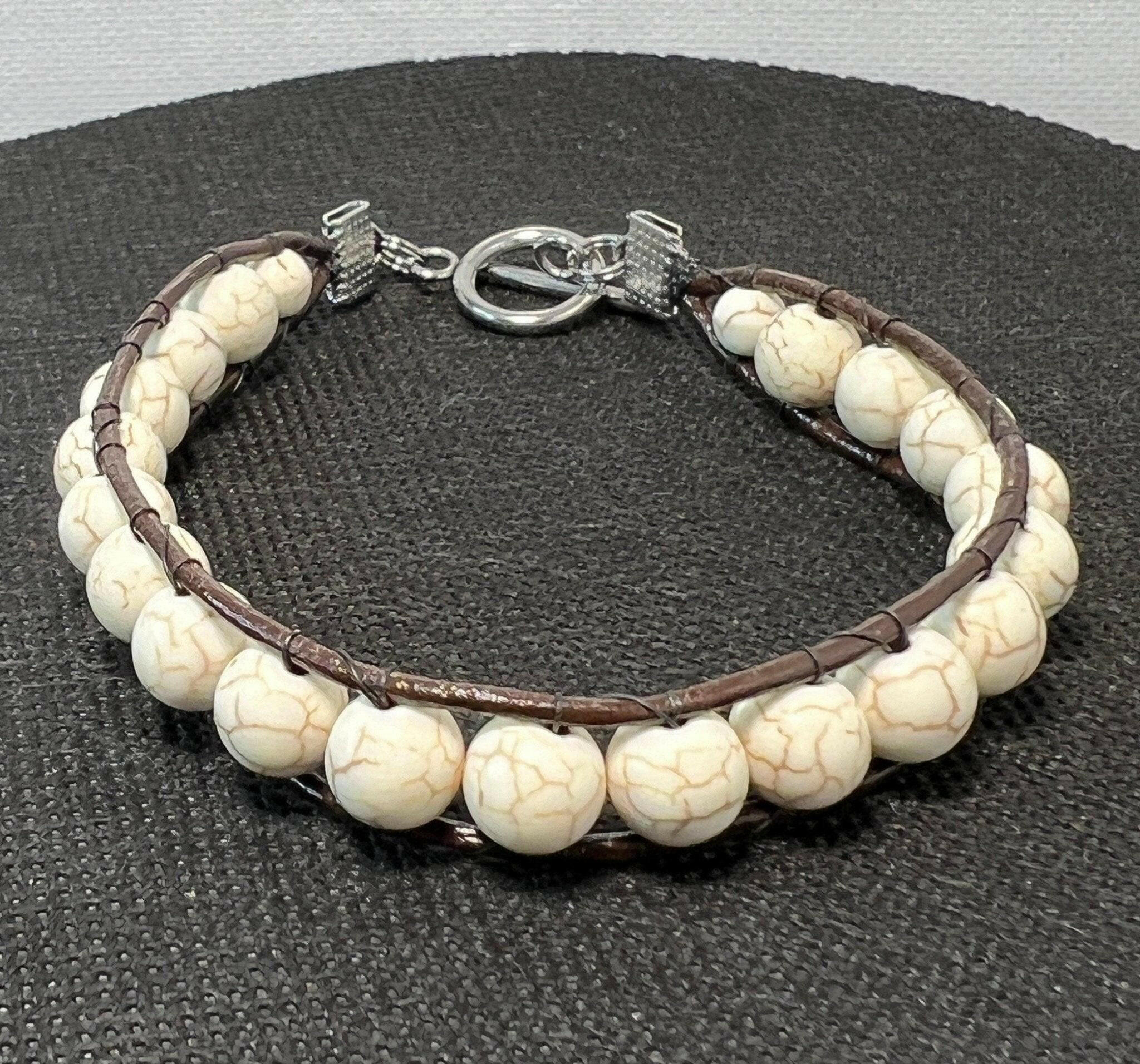 Bec Sue Jewelry Shop bracelet 6.5 / brown/white / leather/turquoise White Turquoise Beaded Bracelet, White Turquoise Bracelet Tags 363