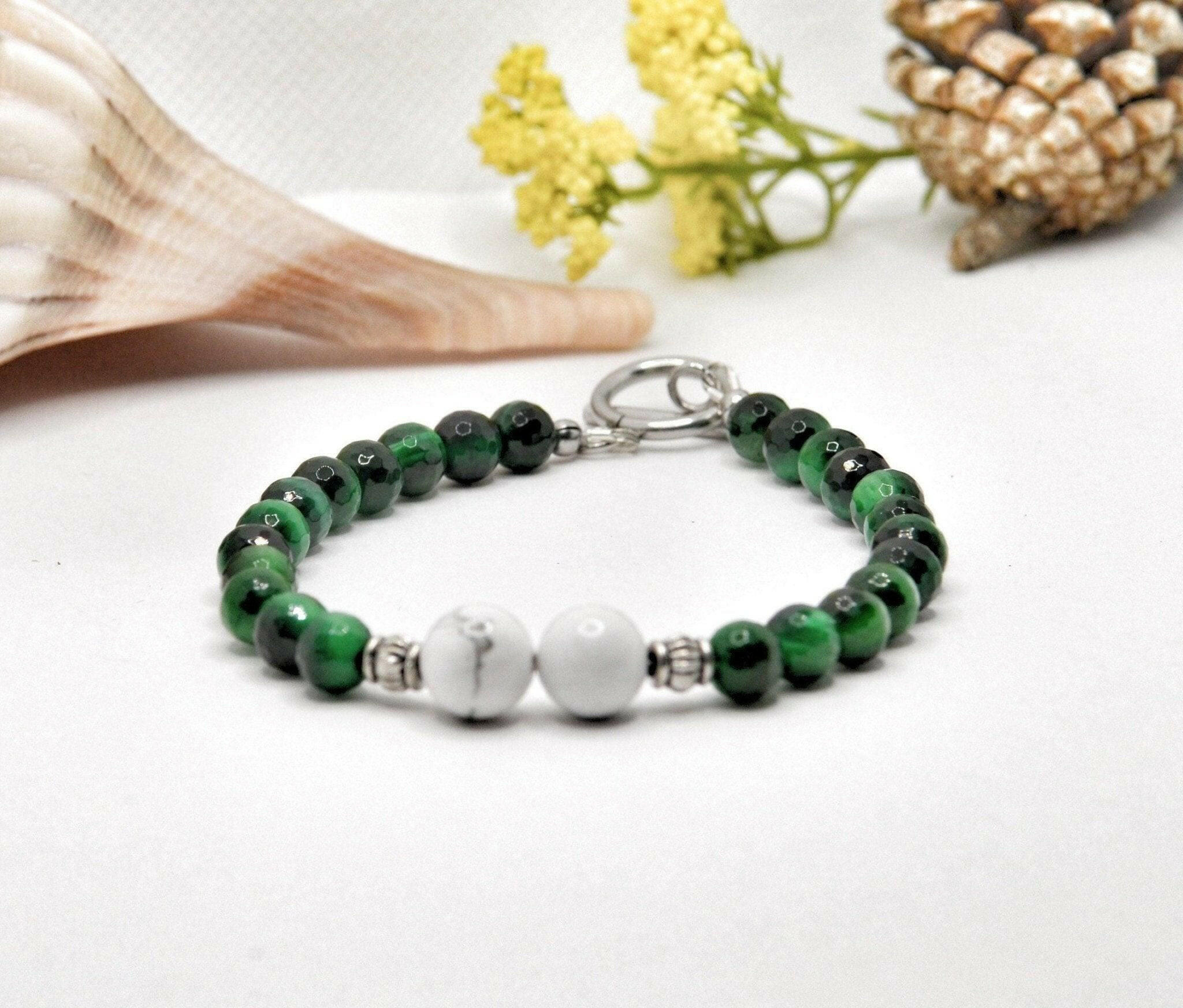 Bec Sue Jewelry Shop bracelet 6.5 / green/white / howlite/malachite Tiger Eye Gemstone Bracelet, Healing Protection Bracelet Tags 358