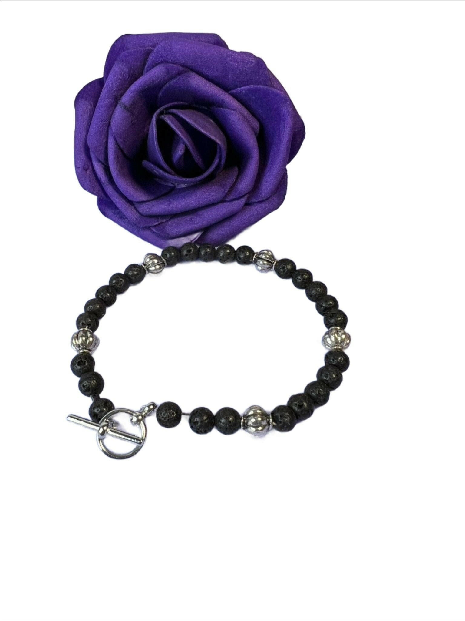 Bec Sue Jewelry Shop bracelet 6.5 / lava stone/silver spacer beads / black Black Lava Stone unisex Bracelet Tags 1031