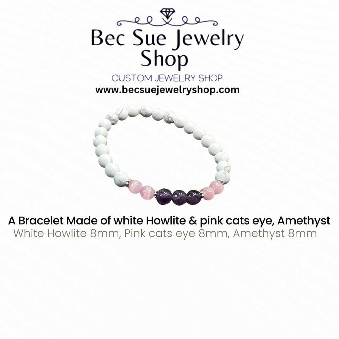 Bec Sue Jewelry Shop bracelet 6.5 / white / white howlite/amethyst/rose quartz White Howlite Bracelet Tags 390