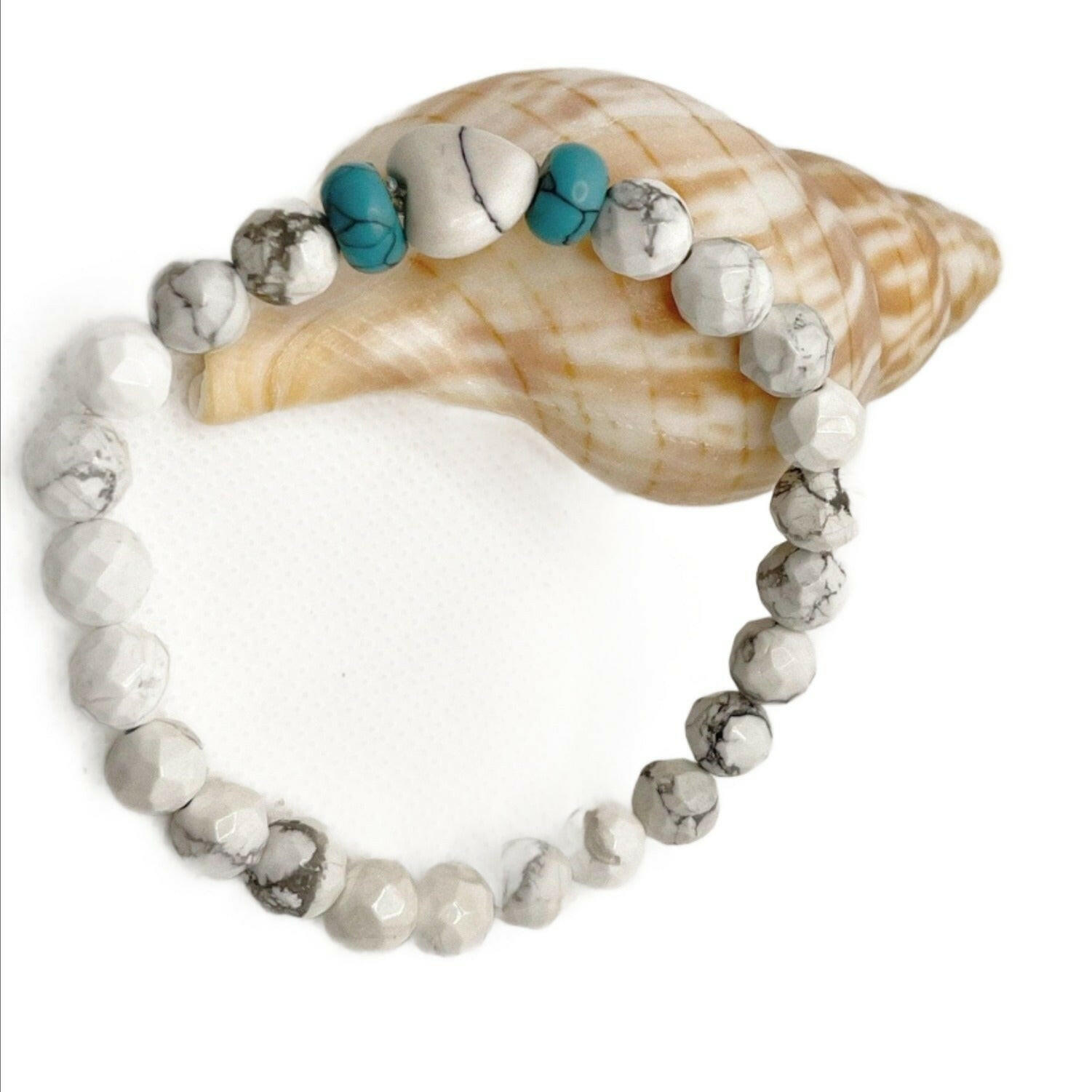 Bec Sue Jewelry Shop bracelet 6.5 / white / white howlite/turquoise One-of-a-Kind White Howlite and Blue Turquoise Rondelle Stretch Bracelet with 8mm Gemstone Beads Tags 166