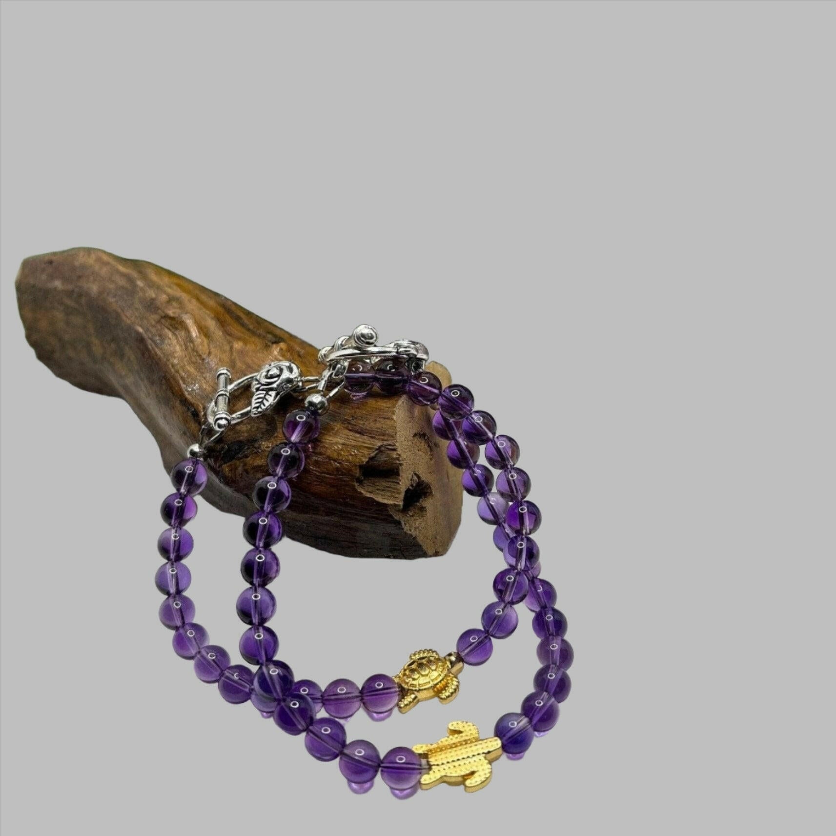 Bec Sue Jewelry Shop bracelet 6.75 / purple / amethyst/gold turtle Turtle Amethyst Bracelet, Turtle Bracelet - AAAAA Grade Purple Healing Energy Tags 299