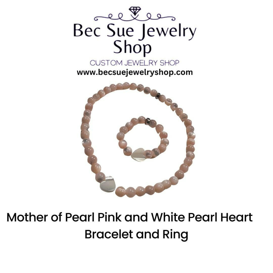 Bec Sue Jewelry Shop bracelet and ring 6.5 / pink / mother of pearl pink Pink Serenity Set: Mother of Pearl & white Pearl Heart Bracelet and Ring Tags 688