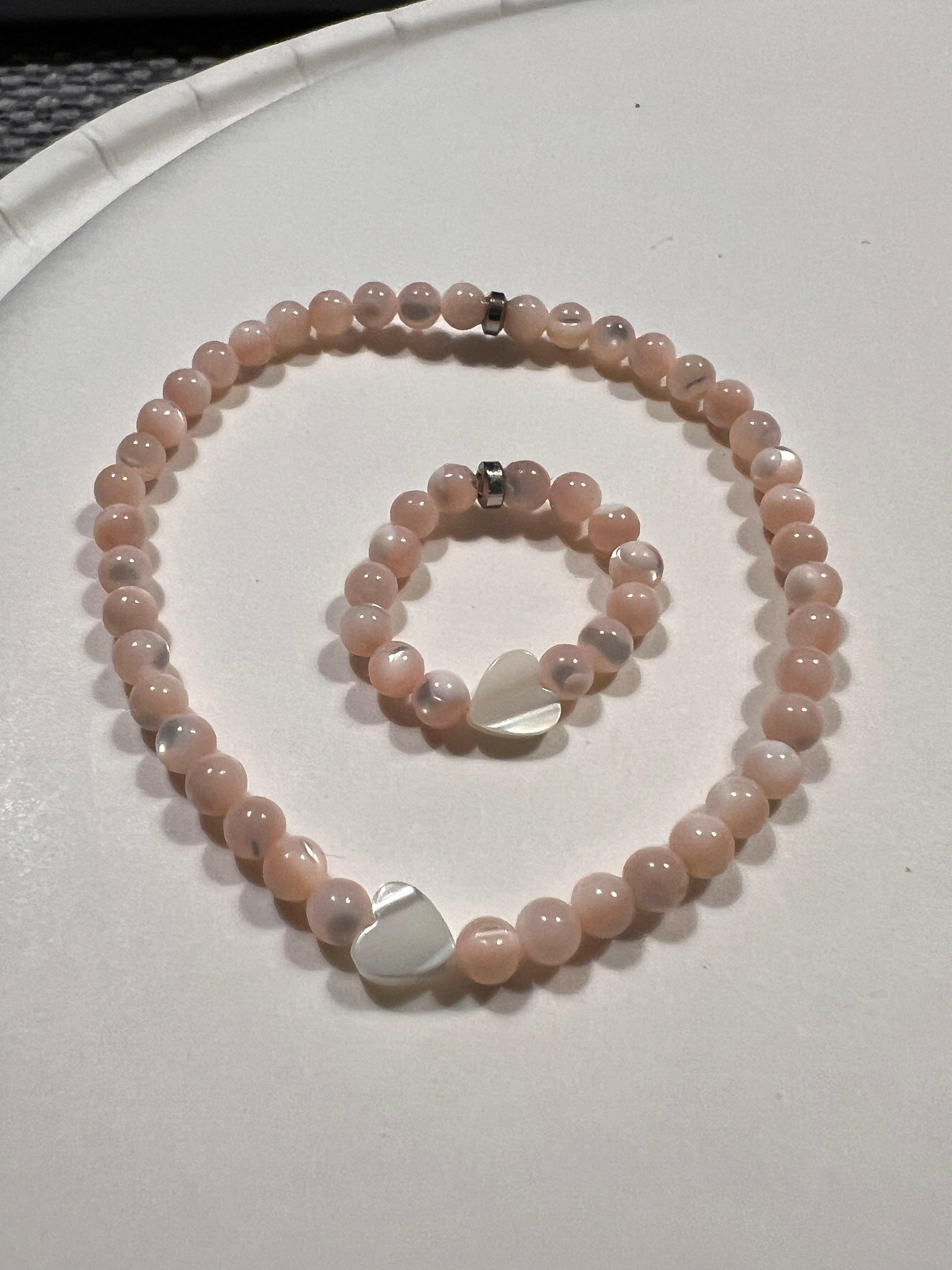 Bec Sue Jewelry Shop bracelet and ring 6.5 / pink / mother of pearl pink Pink Serenity Set: Mother of Pearl & white Pearl Heart Bracelet and Ring Tags 688