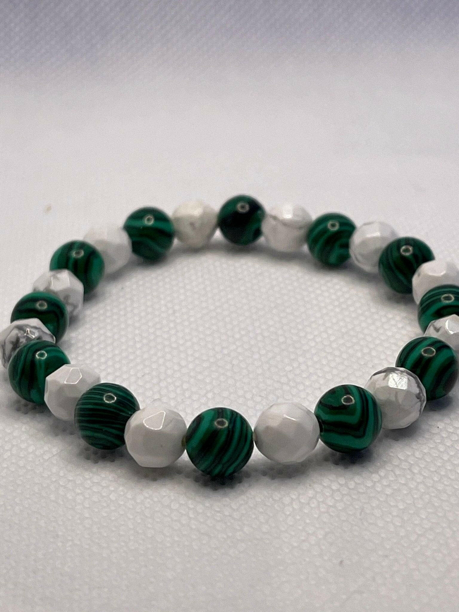 Bec Sue Jewelry Shop bracelet green/white / howlite/malachite White Howlite Stretch Bracelet, White Howlite Bracelet, Malachite Crystal Bracelet, Tags 229