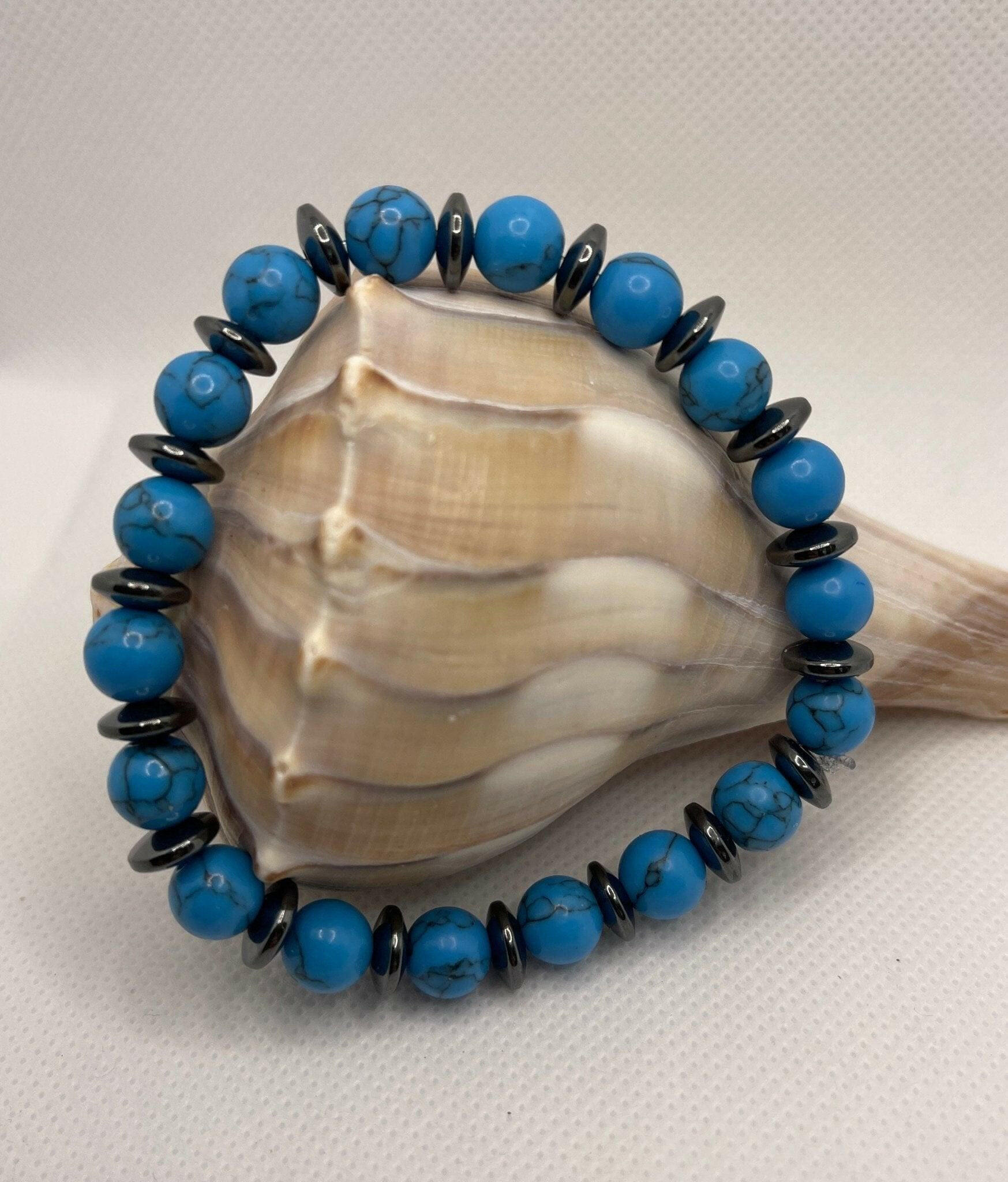 Bec Sue Jewelry Shop bracelet One-of-a-Kind Blue Turquoise 8mm Bracelet with Hematite Rondelle Accents Tags