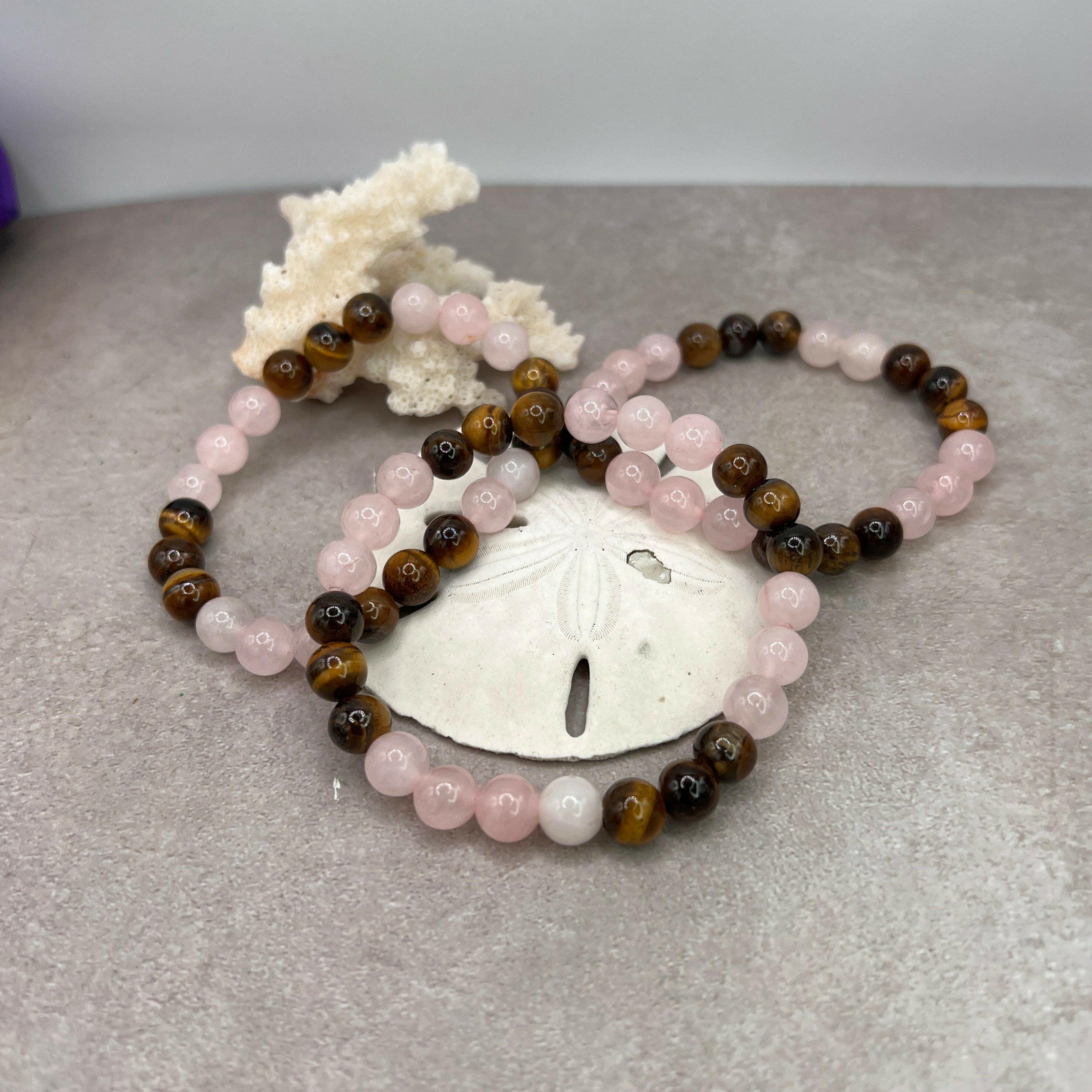 Bec Sue Jewelry Shop bracelets 6.5/ 7 / pink/  yellow / rose quartz/ tiger eye Unique Healing & Protective 8mm Beaded Bracelet - Tiger Eye & Rose Quartz Tags 632