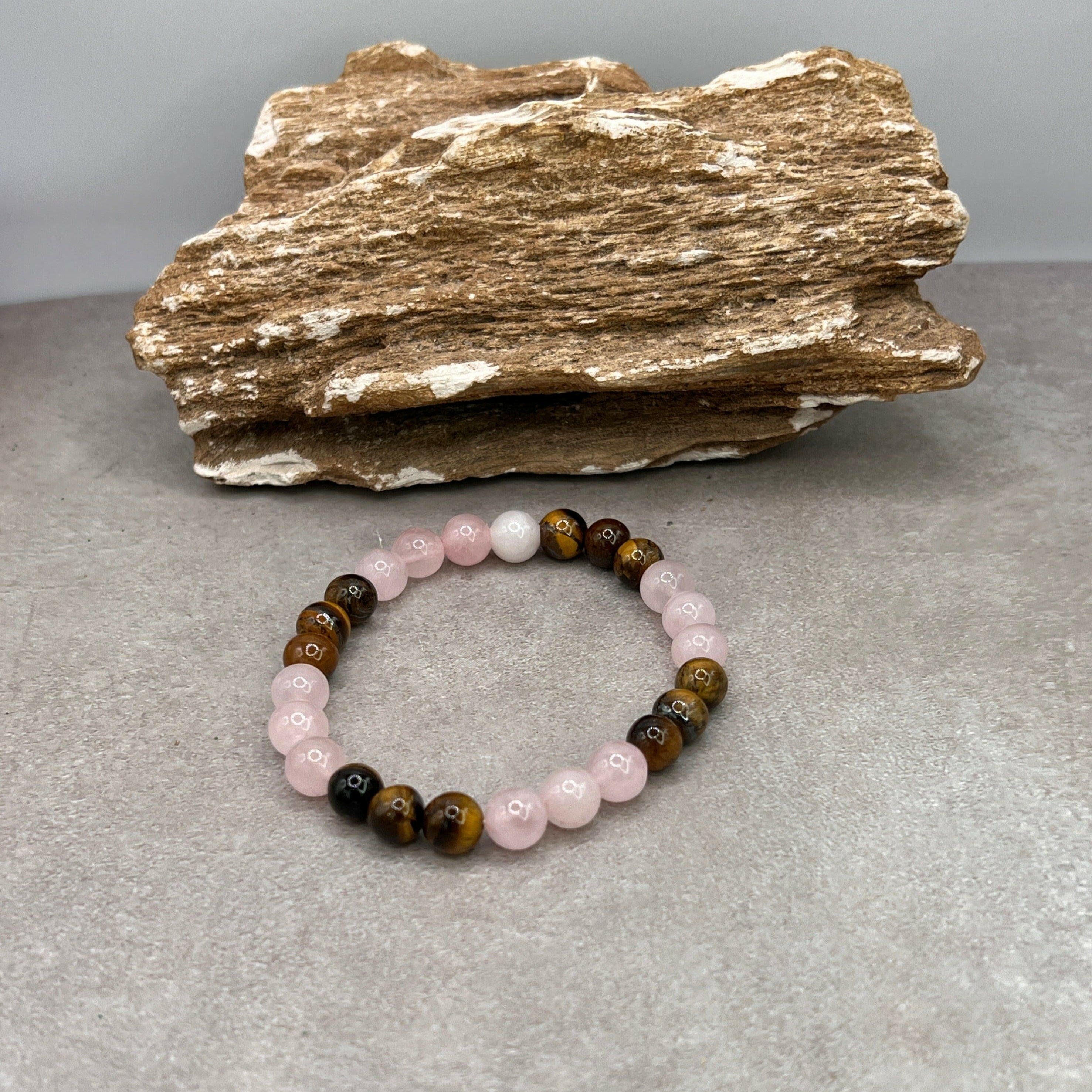 Bec Sue Jewelry Shop bracelets 6.5/ 7 / pink/  yellow / rose quartz/ tiger eye Unique Healing & Protective 8mm Beaded Bracelet - Tiger Eye & Rose Quartz Tags 632