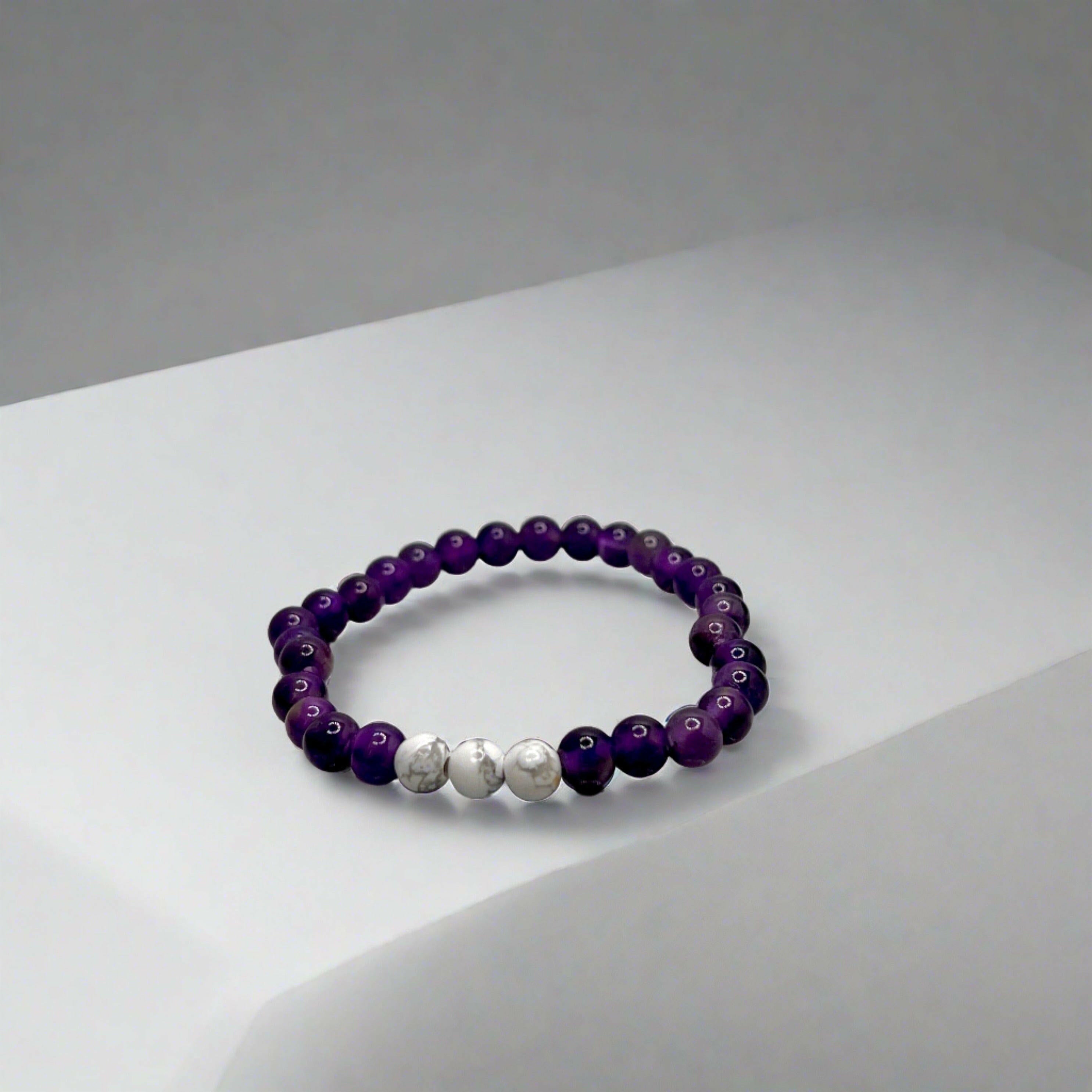 Bec Sue Jewelry Shop bracelets 6.5 Amethyst & White Howlite Stretch Bracelet - 6mm Beads Tags 658
