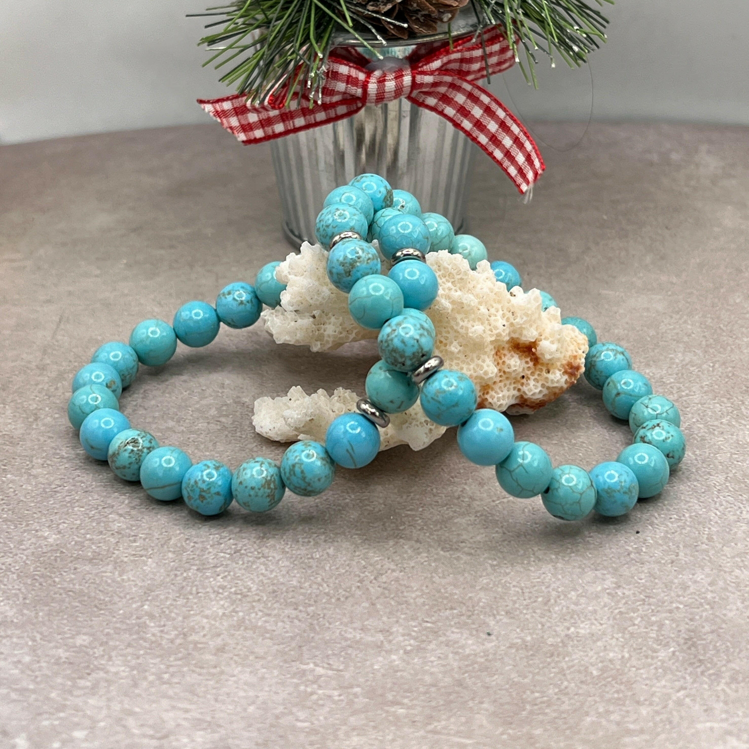 Bec Sue Jewelry Shop bracelets 6.5 / blue / turquoise Turquoise Stretch Bracelet with Sterling Silver Spacers, Genuine 8mm Beads Tags 655