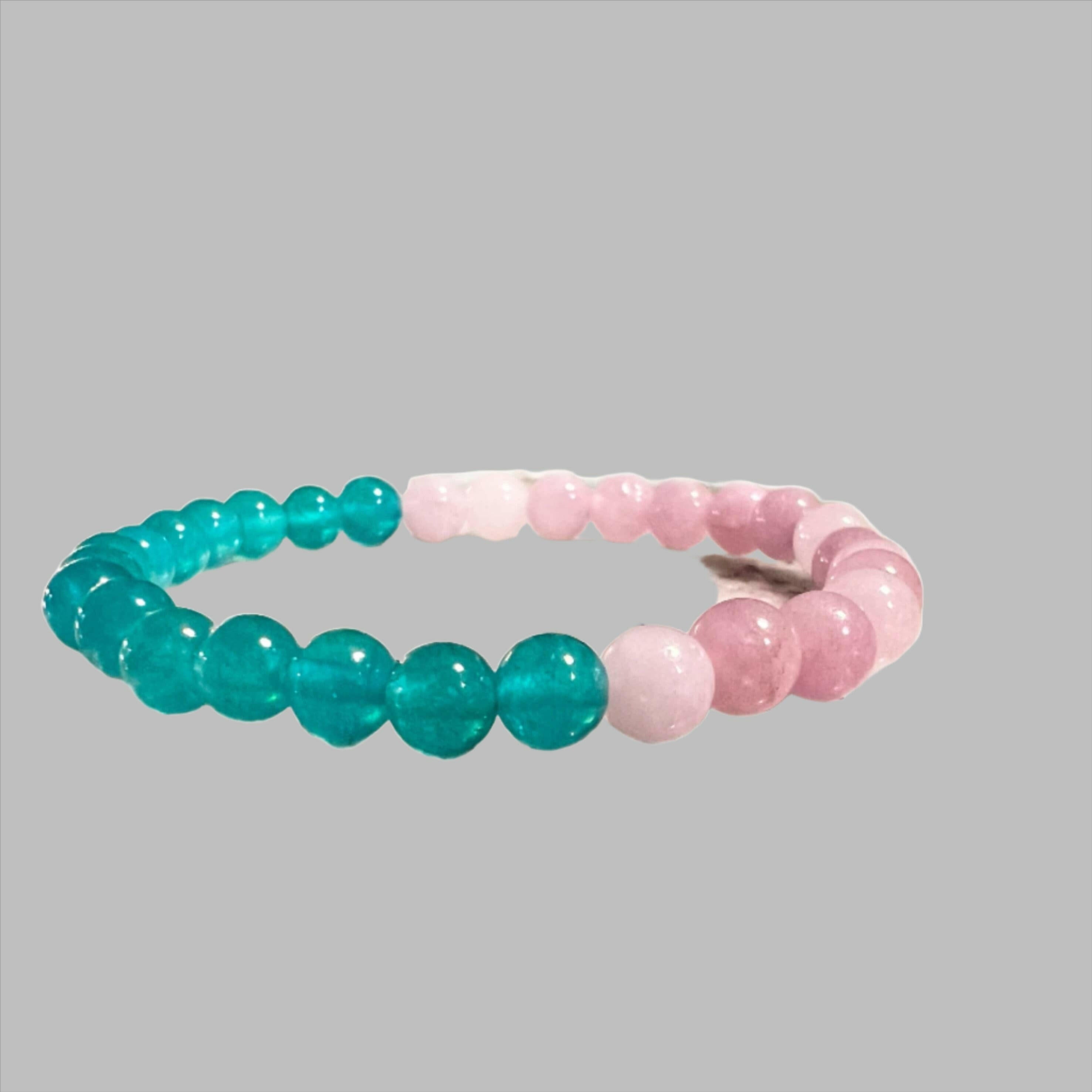 Bec Sue Jewelry Shop bracelets 6.5 / pink/blue / pink opal and blue amazonite jade "Soothing Elegance: Pink Opal and Blue Amazonite Jade 6mm Bead Stretch Bracelet for Tranquility and Harmony Tags