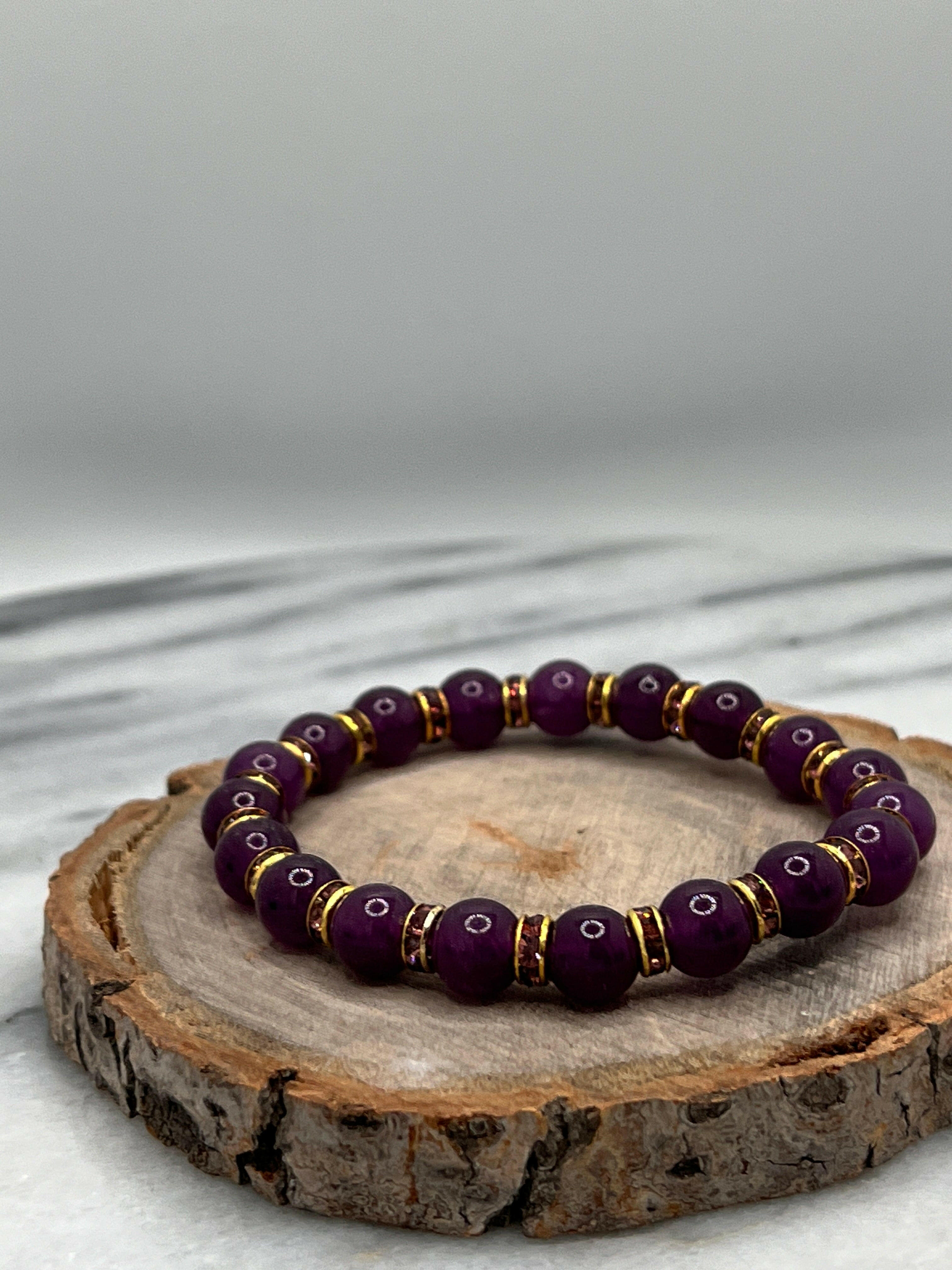 Bec Sue Jewelry Shop bracelets 6.5 / purple / amethyst and rhinestone gold Luxurious Amethyst & Purple Gold Rhinestone Stretch Bracelet - 8mm Beaded Elegance Tags 711