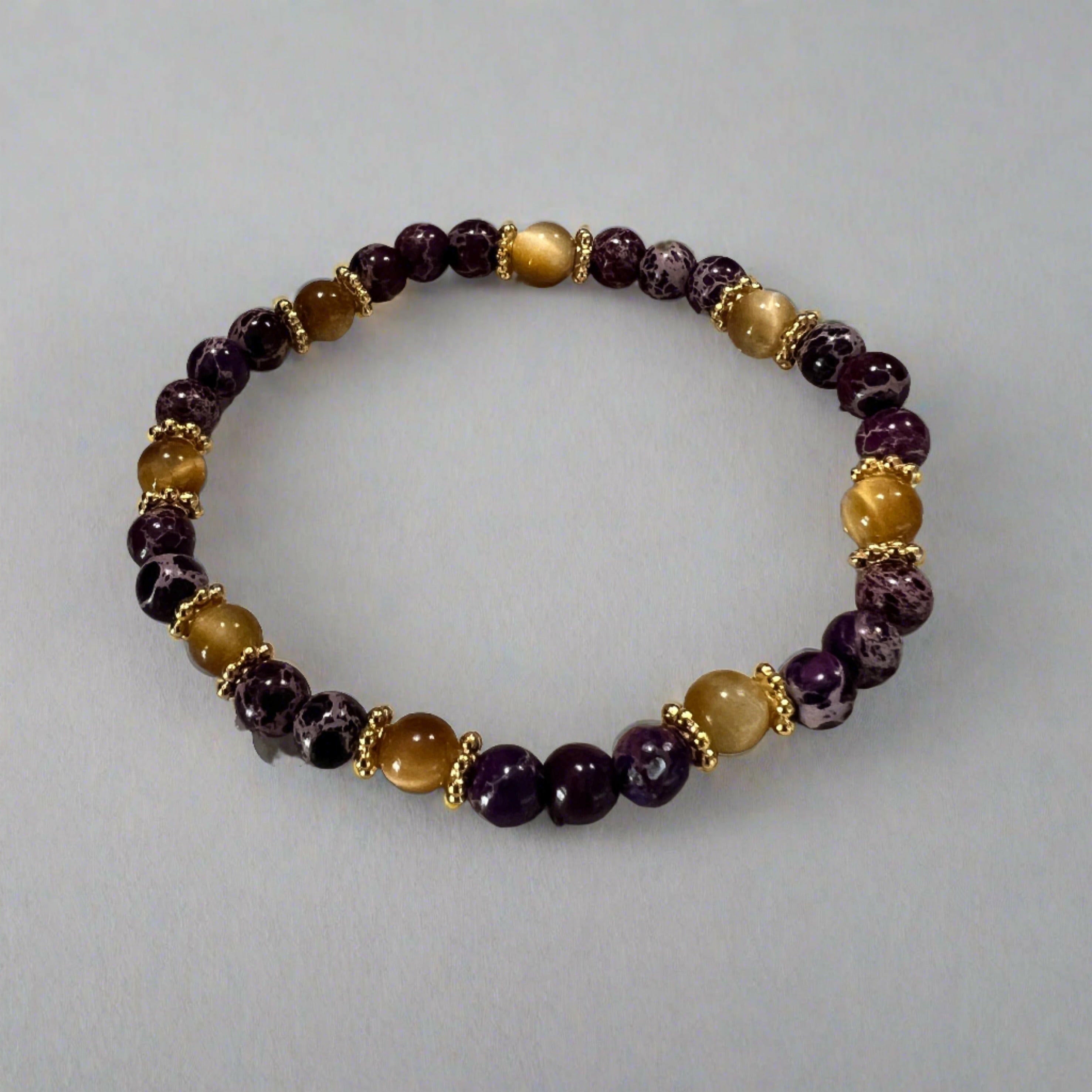 Bec Sue Jewelry Shop bracelets 6.5 / Purple / Purple jasper and gold tiger eye Handmade Purple Jasper & Gold Tiger Eye Bracelet - 6mm Beaded Gemstone Jewelry Tags 720