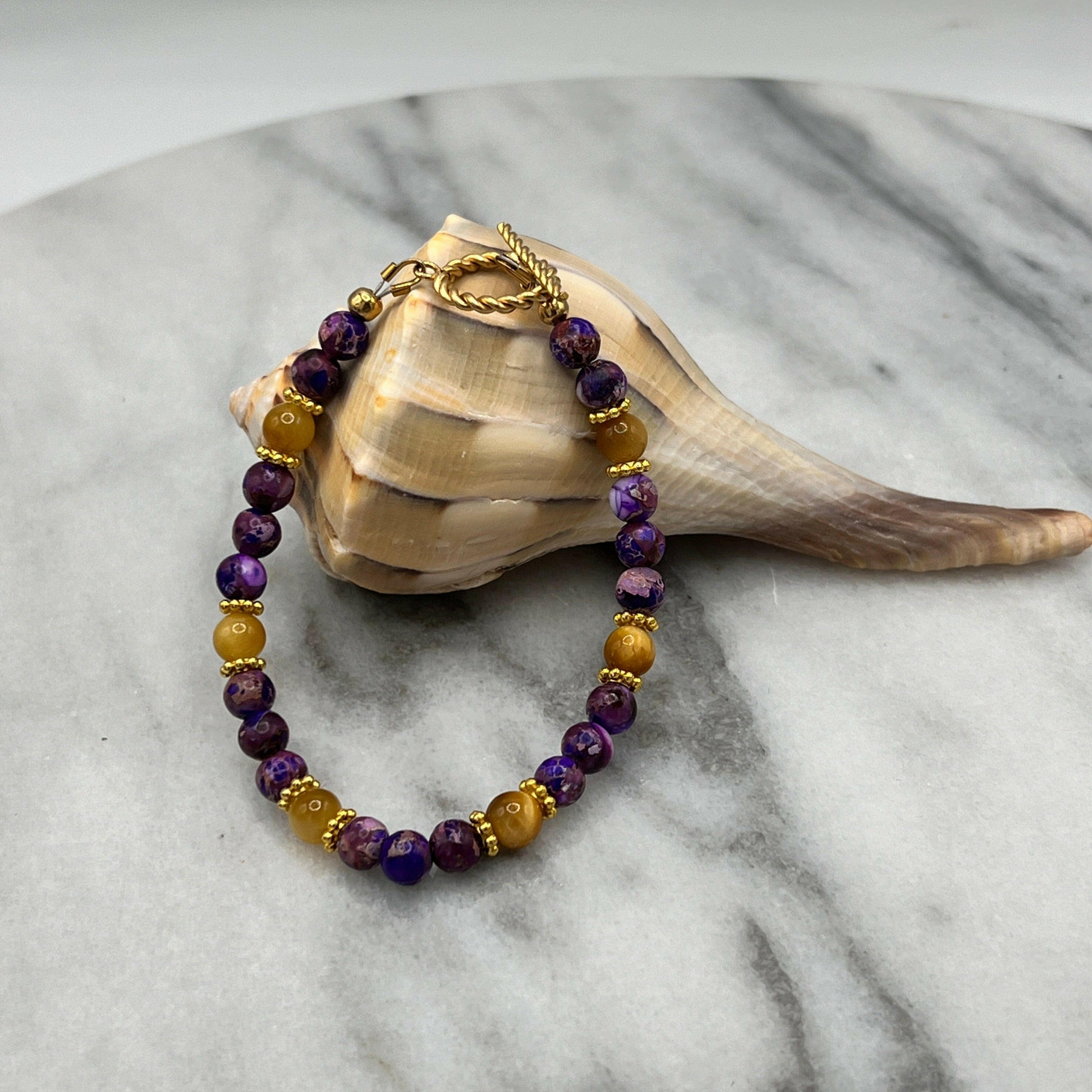 Bec Sue Jewelry Shop bracelets 7 / purple/gold / gold tiger eye/purple jasper Enchanted Harmony: Gold Tiger Eye & Purple Jasper Bracelet with Gold-Plated Spacers Tags 704