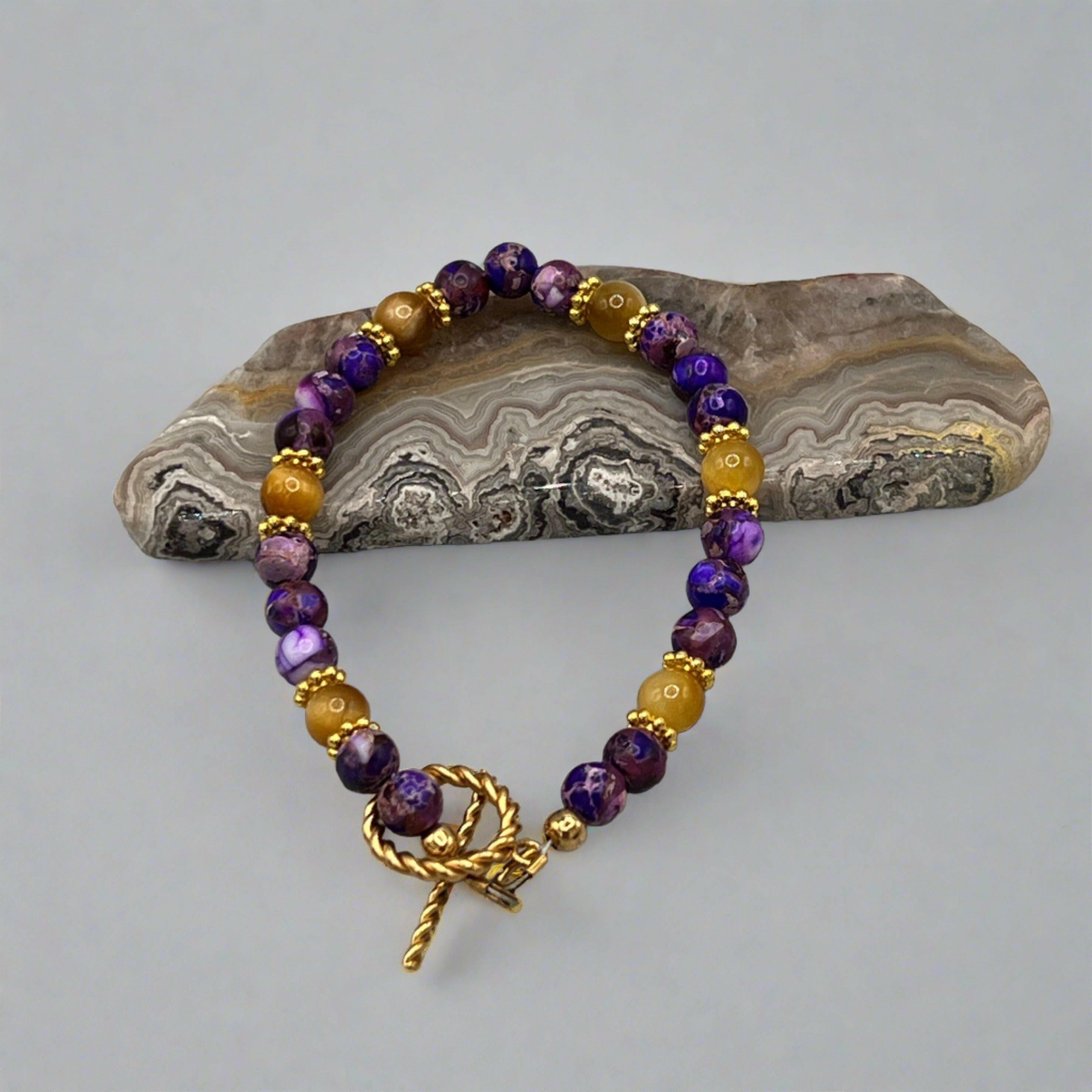 Bec Sue Jewelry Shop bracelets 7 / purple/gold / gold tiger eye/purple jasper Enchanted Harmony: Gold Tiger Eye & Purple Jasper Bracelet with Gold-Plated Spacers Tags 704
