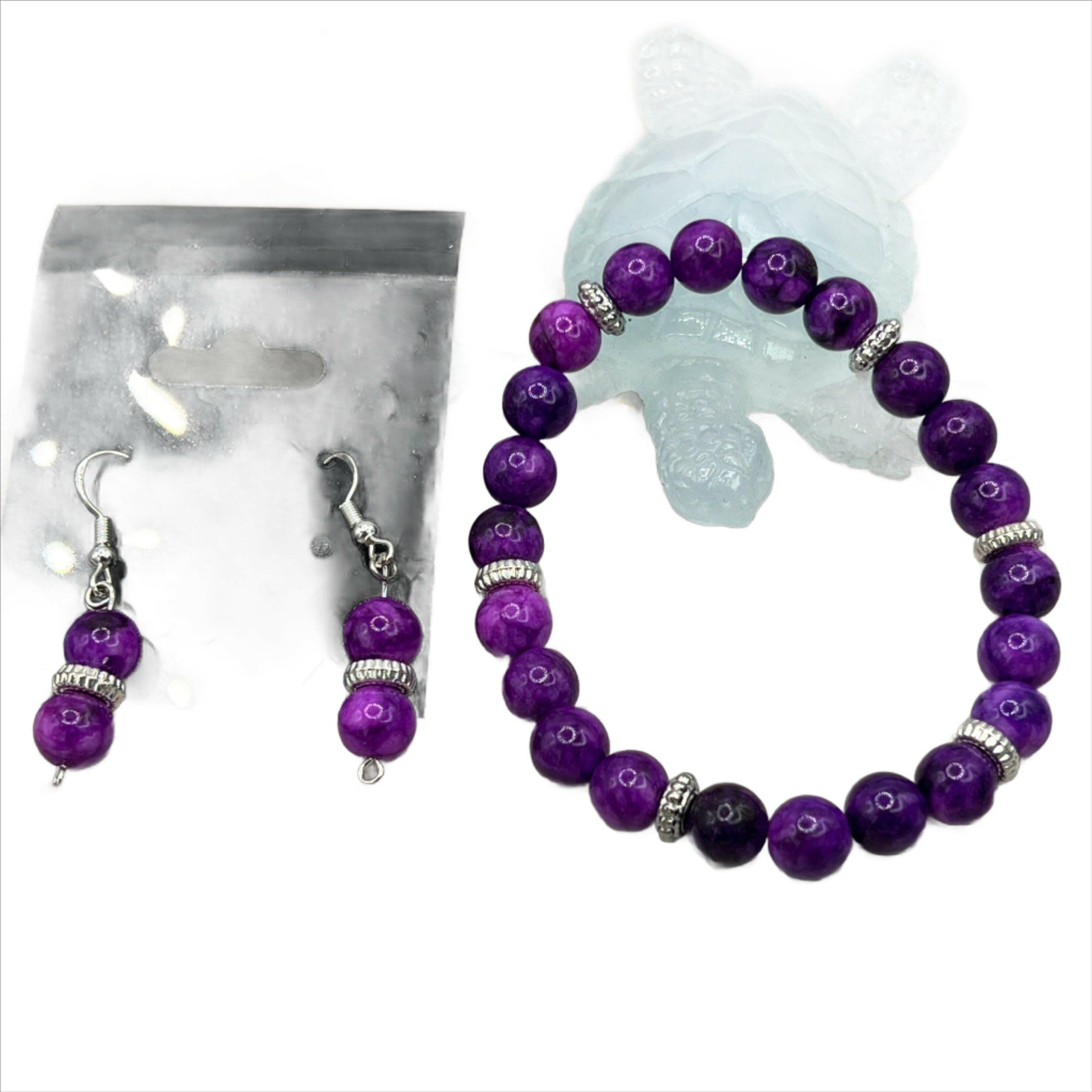 Bec Sue Jewelry Shop bracelets and earrings 6.5 / sugilite/silver spacers / purple Sugilite Jewelry Set: Handcrafted Sugilite 8mm Bead Bracelet, Earrings and Necklace Tags 629