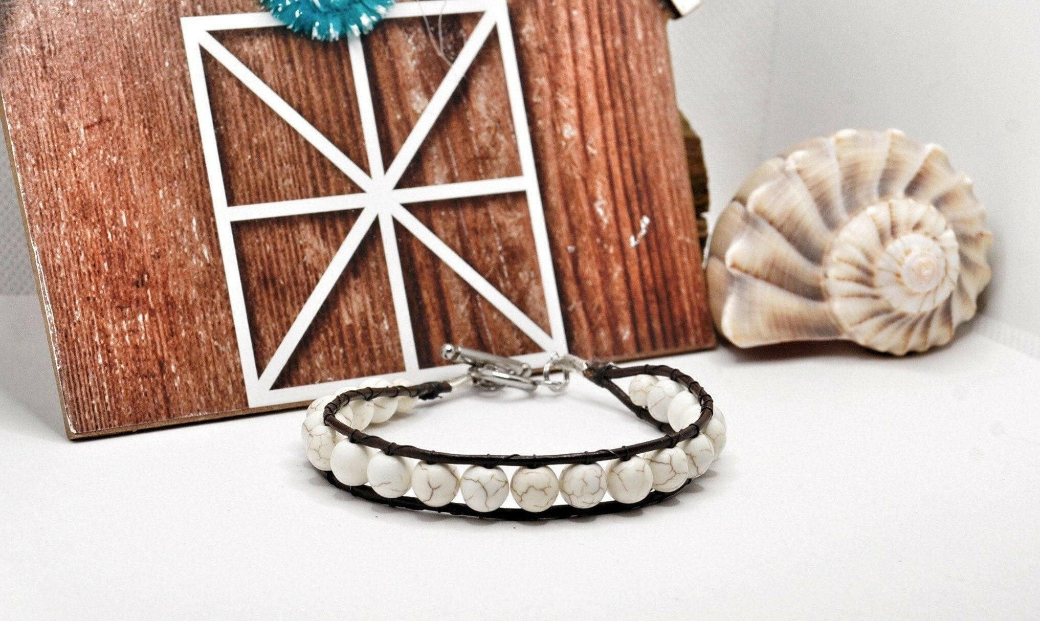 Bec Sue Jewelry Shop bracelets White Turquoise Bracelet, Boho Leather Bracelet, Chakra Leather Bracelet Tags