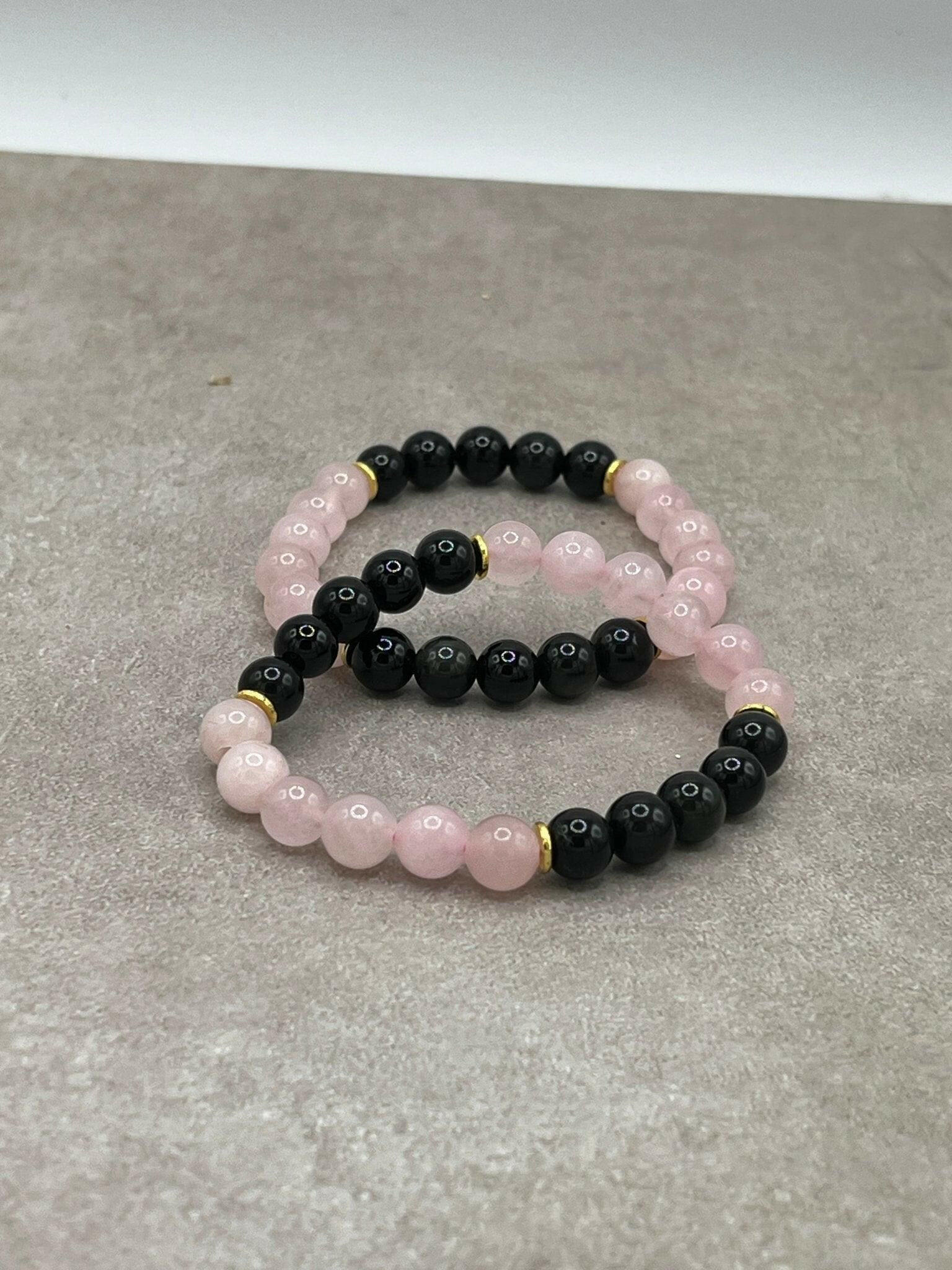 Bec Sue Jewelry Shop chakra bracelet 6.5 / black/pink / rose quartz/obsidian Handcrafted Rose Quartz & Obsidian Bead Tags 543