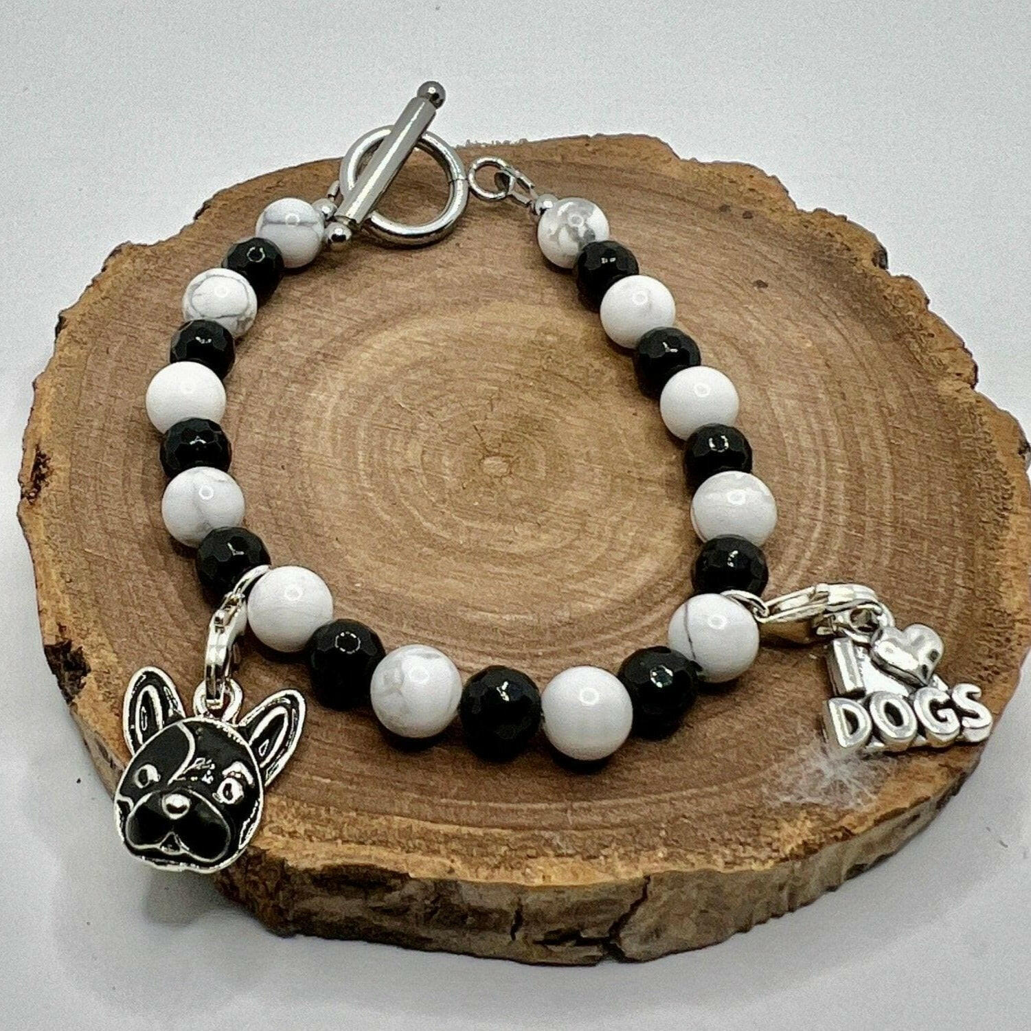 French Bull Dog Charm Onyx Bracelet - Stylish pet-inspired accessory for animal lovers